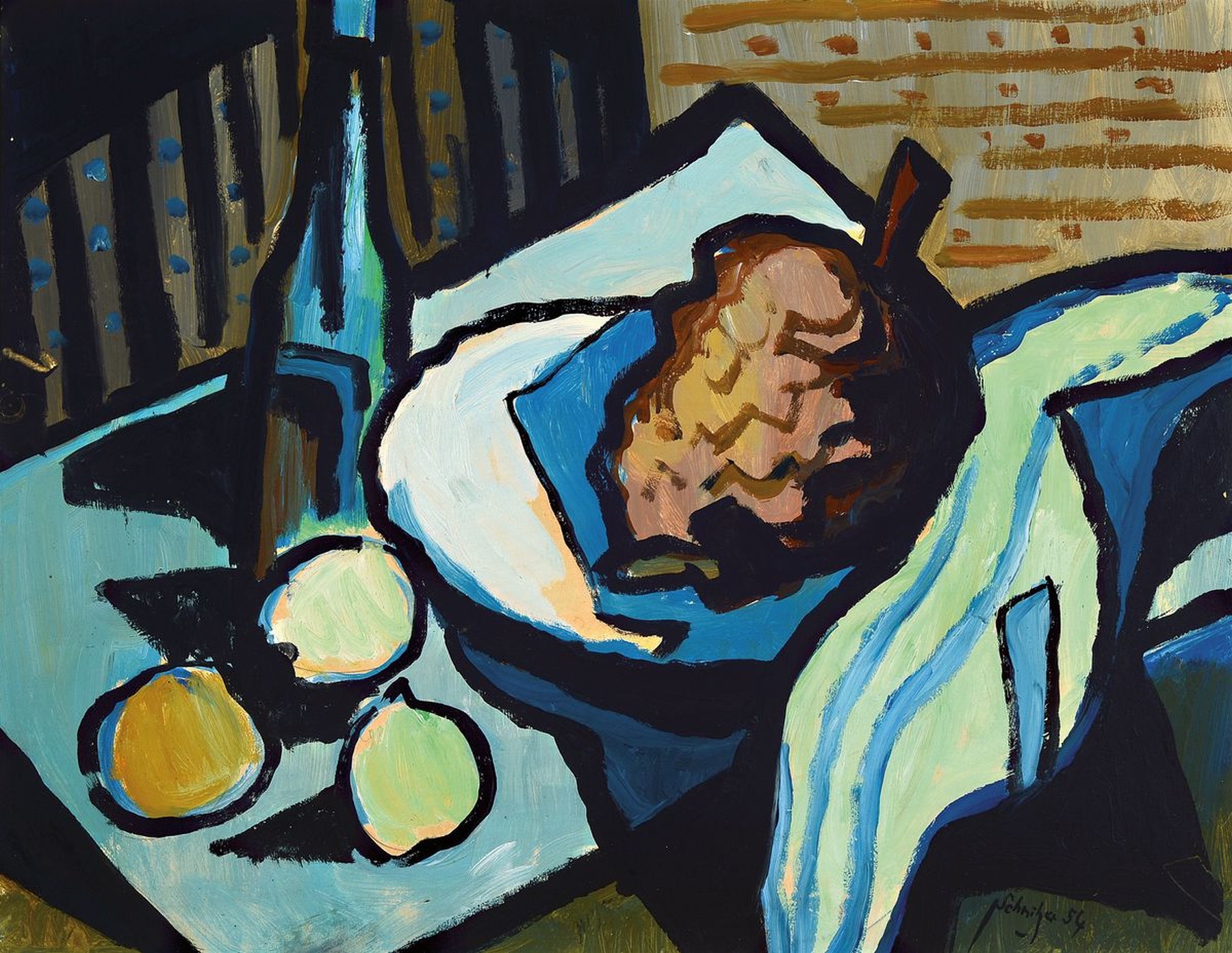 Schnitzer, datiert (19)54, Stillleben mit Trauben und Zitronen, Öl/Hartfaser, rechts unten signiert und datiert, ca. 43x56cm, R. ca. 45.5x58cm