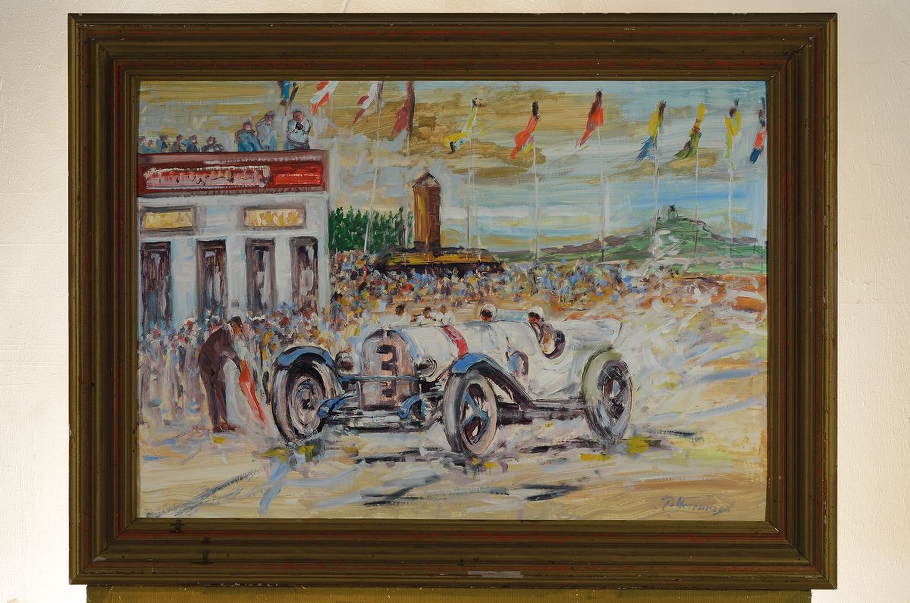Detail k: Paul Herrmann, 1864-1946, Beim Autorennen, wohl 1930er Jahre, Öl/Malkarton, gewölbt, rechts unten signiert, ca. 49x71cm, R. ca. 61x83cm