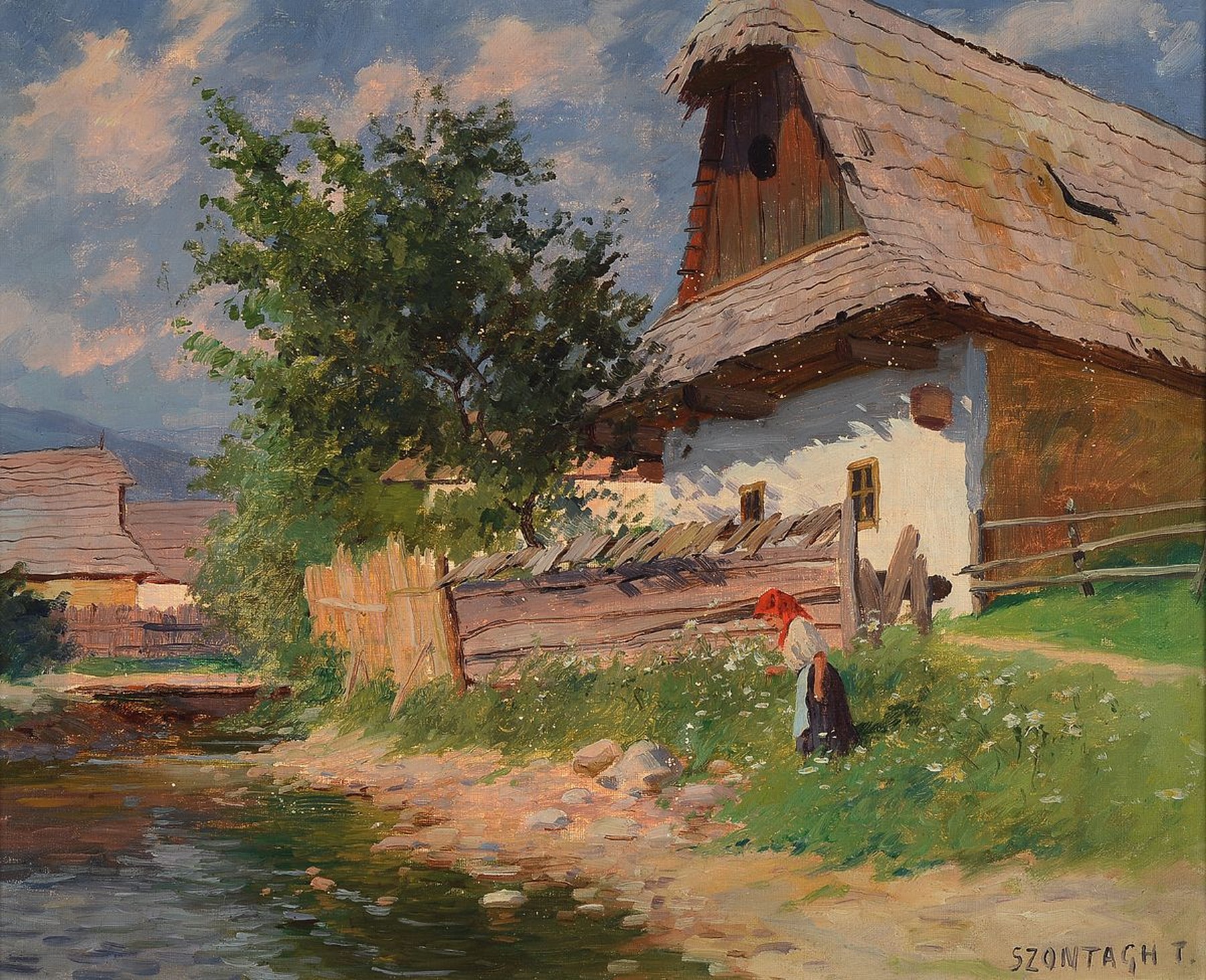 Tibor Szontagh, 1873-1930, Ungarn, Bäuerin am Bach vor dem Hof, Öl/Lwd, rechts unten signiert, ca. 45x55cm, R. ca. 55x65cm