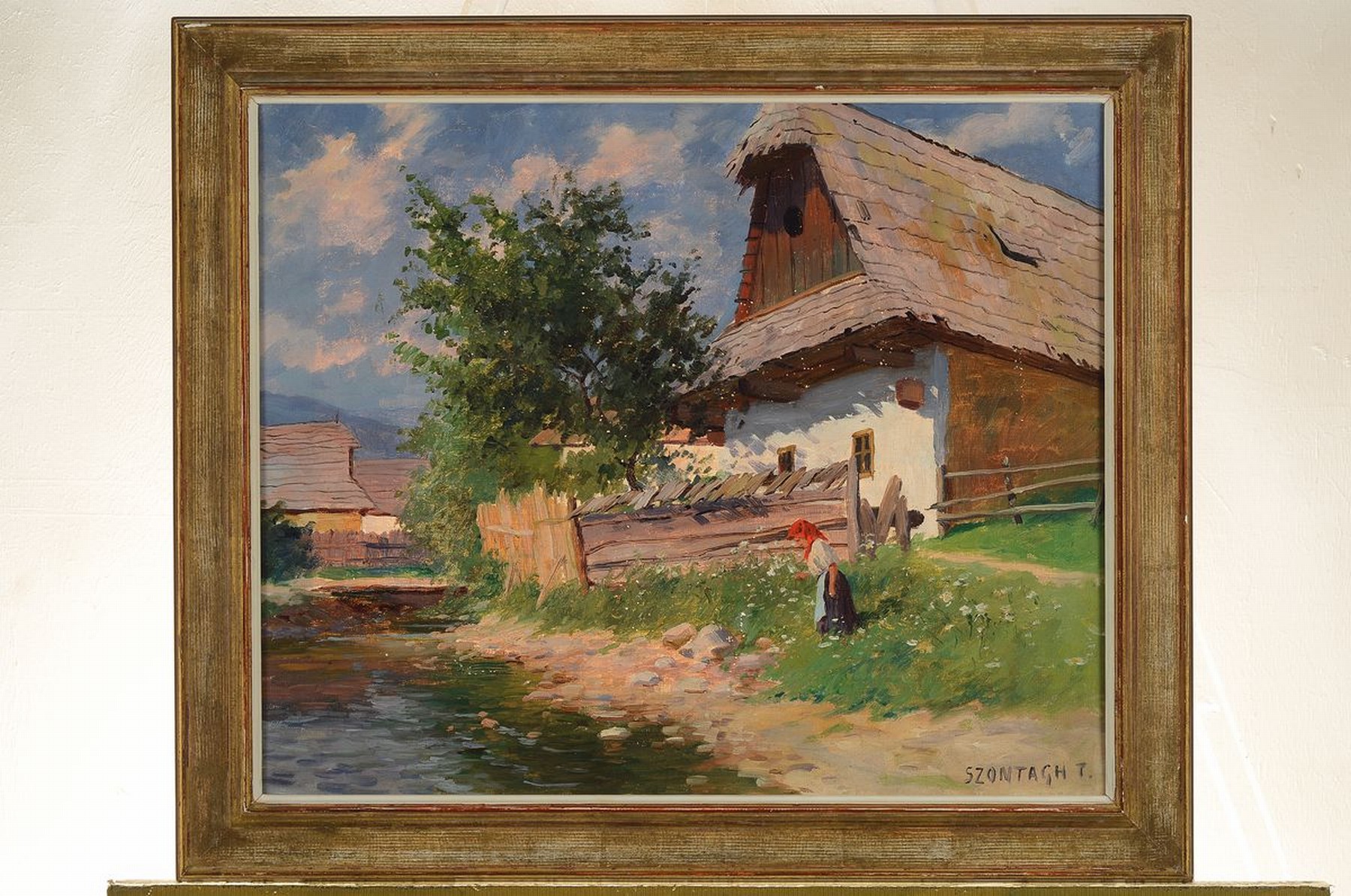 Detail k: Tibor Szontagh, 1873-1930, Ungarn, Bäuerin am Bach vor dem Hof, Öl/Lwd, rechts unten signiert, ca. 45x55cm, R. ca. 55x65cm