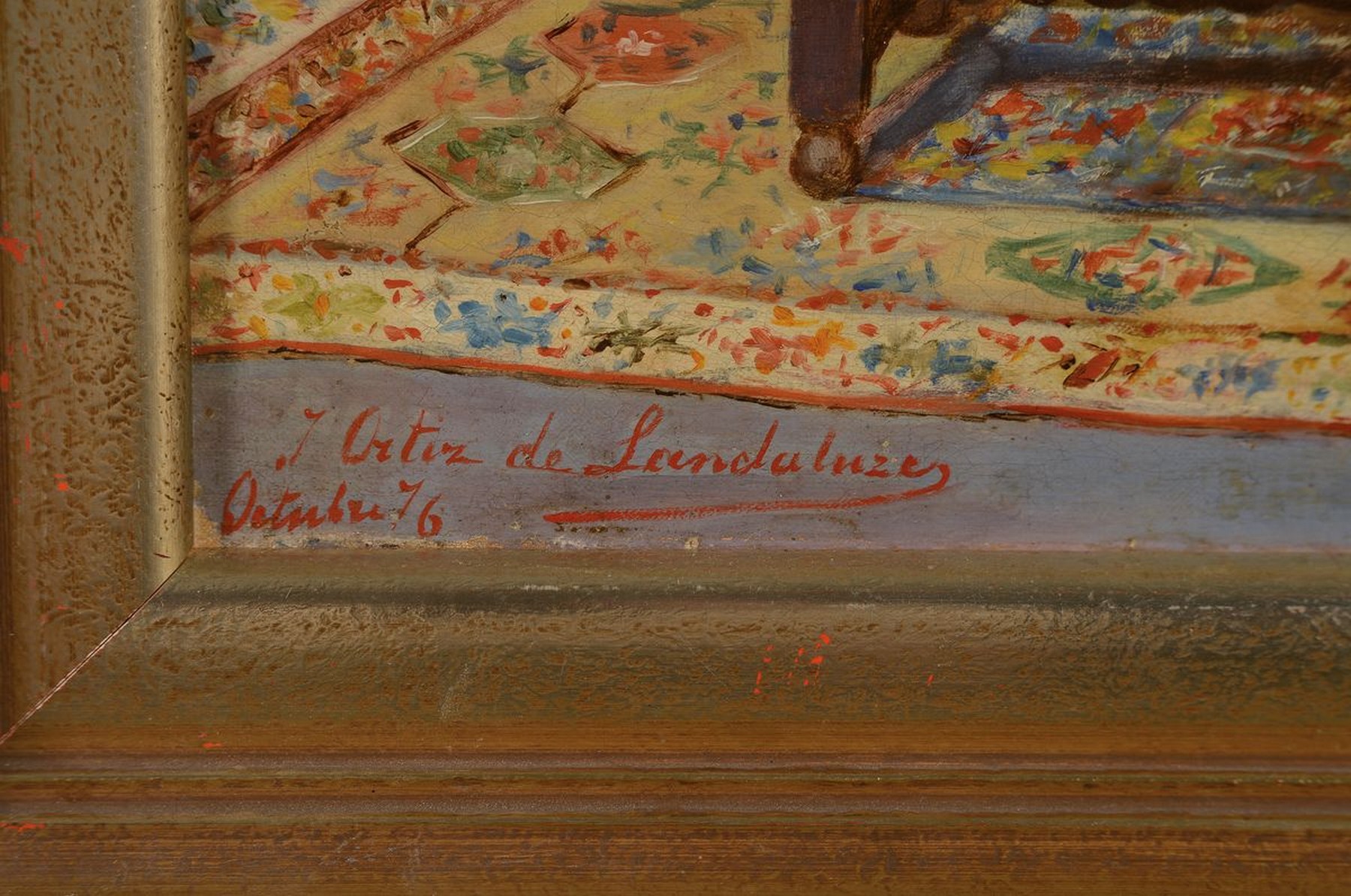 Detail a: J. Ortiz de Landaluze, datiert (18)76, Edelmann lesend im Sessel, Öl/Lwd, feine lasierende Malerei mit großer Varianz in den Blautönen, links ...
