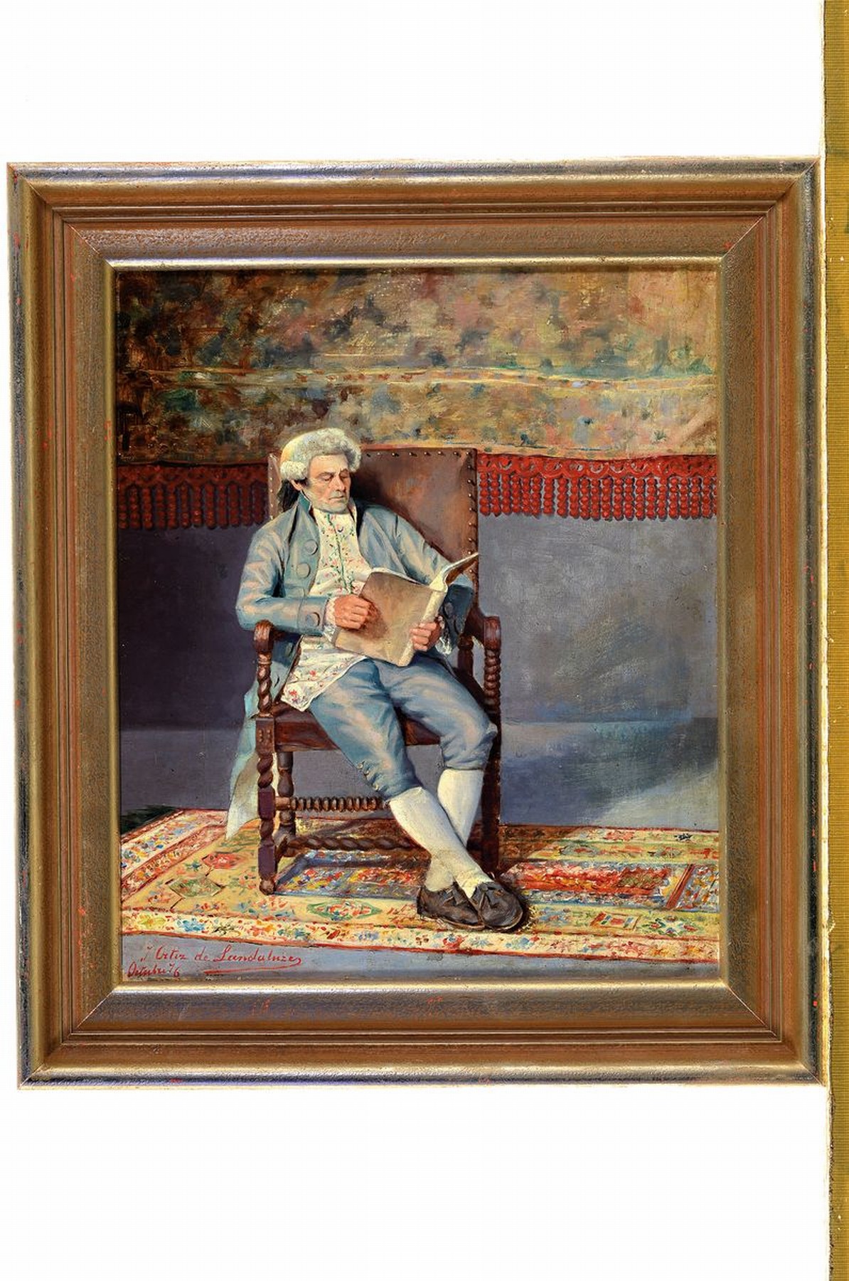 Detail k: J. Ortiz de Landaluze, datiert (18)76, Edelmann lesend im Sessel, Öl/Lwd, feine lasierende Malerei mit großer Varianz in den Blautönen, links ...