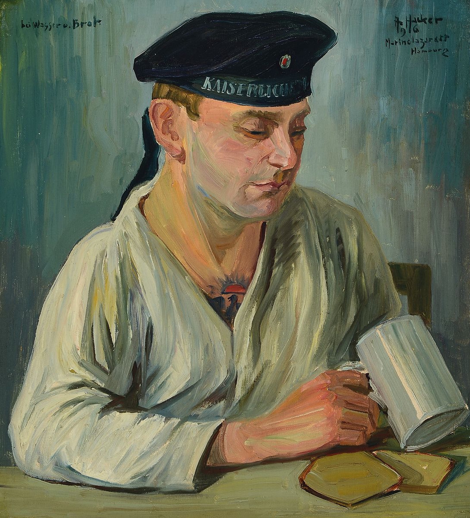 Adolf Hacker, 1873 Schwarzenbach/Saale-1943 Heidelberg, Junger Matrose der kaiserl. Marine, Öl/Malkarton, rechts oben signiert, datiert 1916 und ...