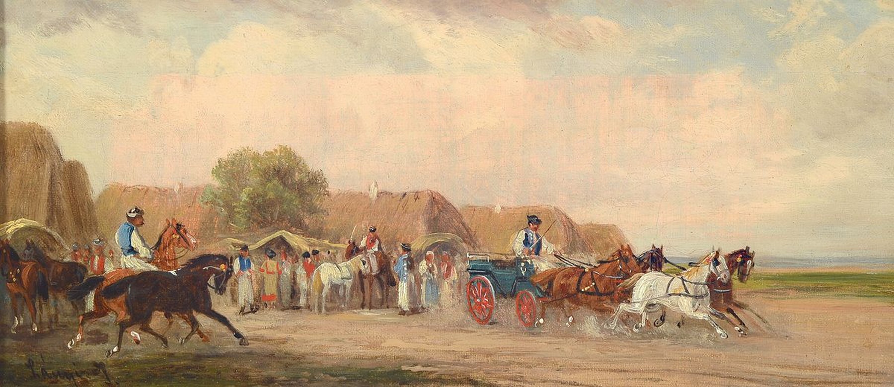 Ernö Lanyi, geb. 1858, ungarischer Maler, Pferd und Kutschen vor dem Dorf, Öl/Lwd, links unten signiert, ca. 12x26cm, R. ca. 19x33.5cm
