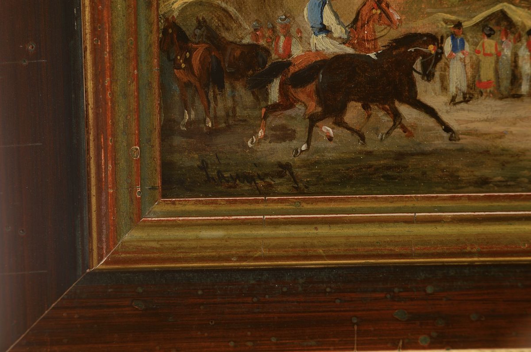 Detail a: Ernö Lanyi, geb. 1858, ungarischer Maler, Pferd und Kutschen vor dem Dorf, Öl/Lwd, links unten signiert, ca. 12x26cm, R. ca. 19x33.5cm