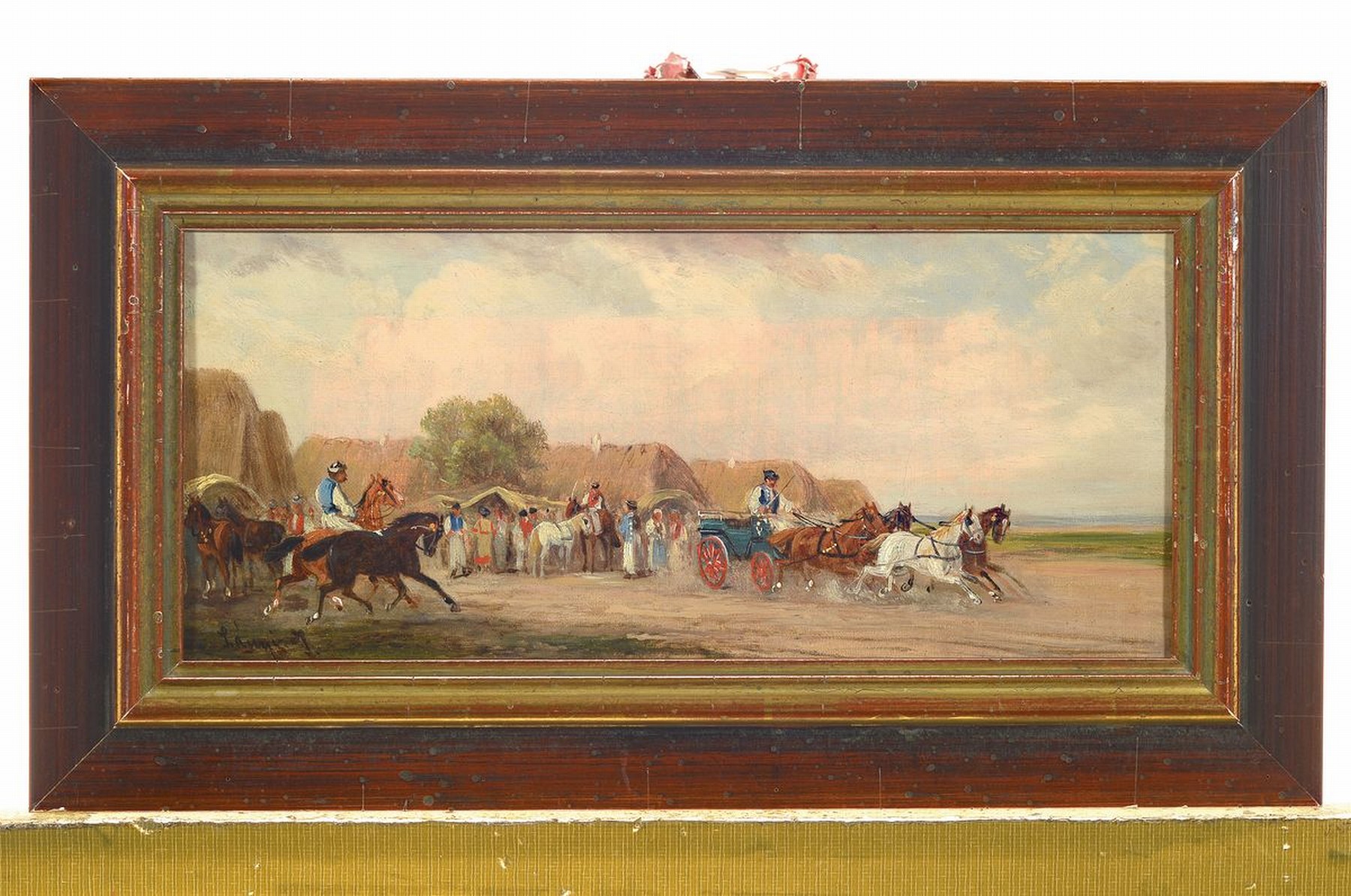 Detail k: Ernö Lanyi, geb. 1858, ungarischer Maler, Pferd und Kutschen vor dem Dorf, Öl/Lwd, links unten signiert, ca. 12x26cm, R. ca. 19x33.5cm