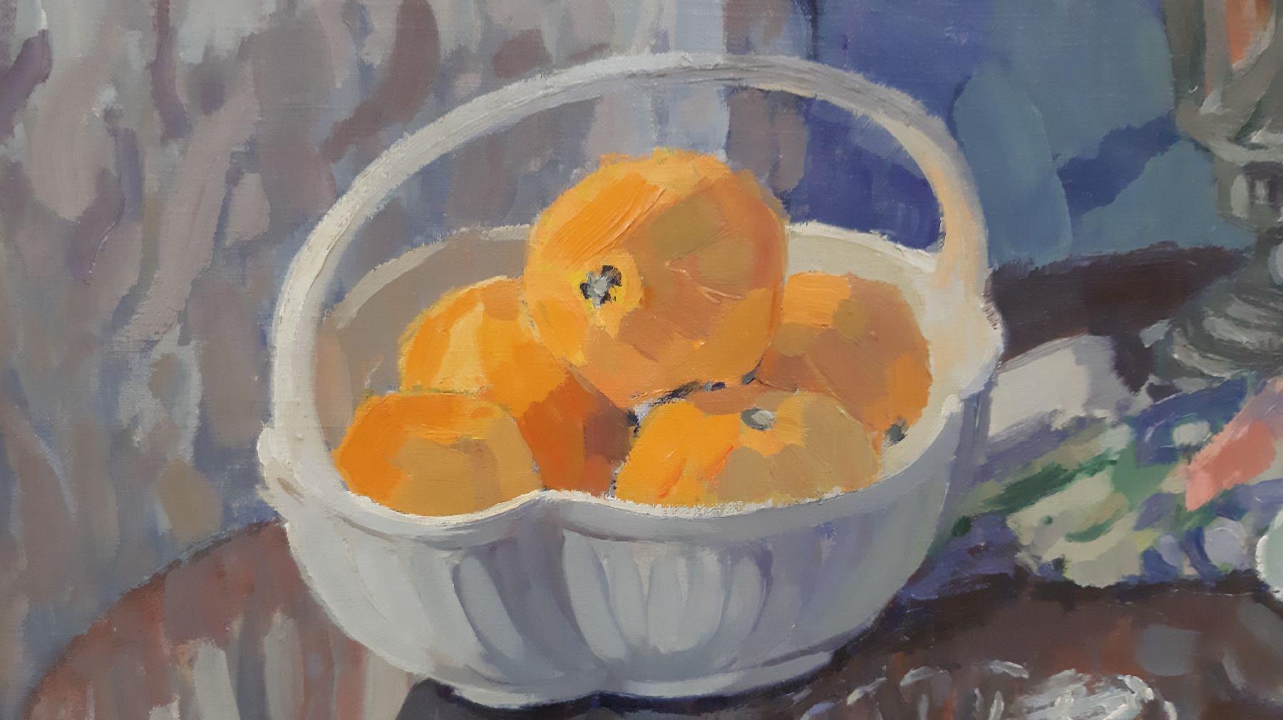 Detail d: E. Reuter-Runke (o.ä.), 1920er Jahre, Stillleben mit Samowar, Tasse, Blumen und Orangen, Öl/Lwd, links unten signiert, ca. 70x70cm, R. ca. 88x88cm