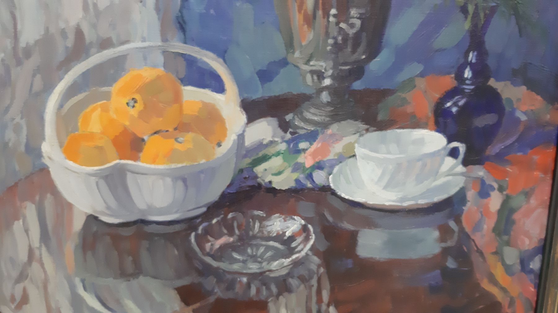 Detail e: E. Reuter-Runke (o.ä.), 1920er Jahre, Stillleben mit Samowar, Tasse, Blumen und Orangen, Öl/Lwd, links unten signiert, ca. 70x70cm, R. ca. 88x88cm