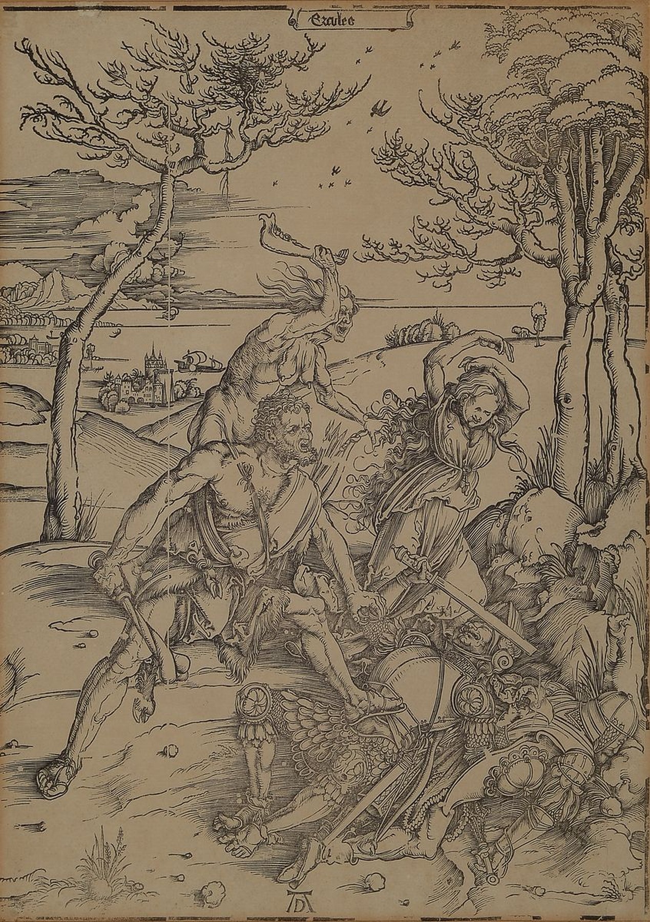 Albrecht Dürer, 1471 Nürnberg - 1528 ebenda, Holzschnitt, "Herkules" (1496-98), Herkules tötet die Molioniden, späterer Abzug, wohl ...