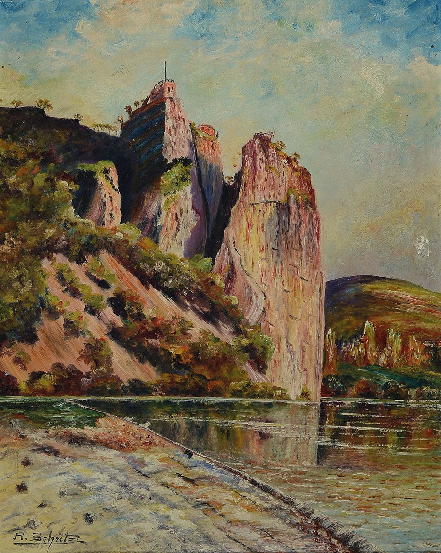 H. Schütz, Künstler der Mitte des 20.Jh., Ansicht Felsformation Rheingrafenstein bei Bad Kreuznach, z.T. pastoser Farbauftrag in breitem Strich, ...