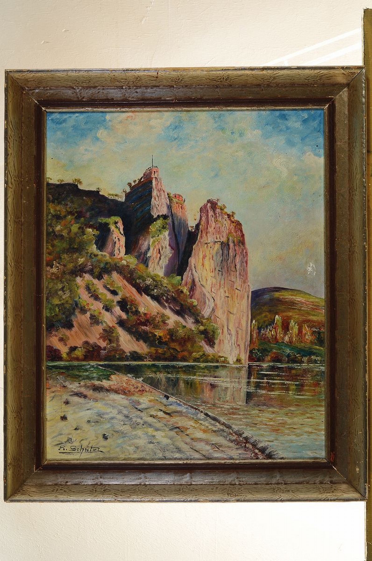 Detail k: H. Schütz, Künstler der Mitte des 20.Jh., Ansicht Felsformation Rheingrafenstein bei Bad Kreuznach, z.T. pastoser Farbauftrag in breitem Strich, ...