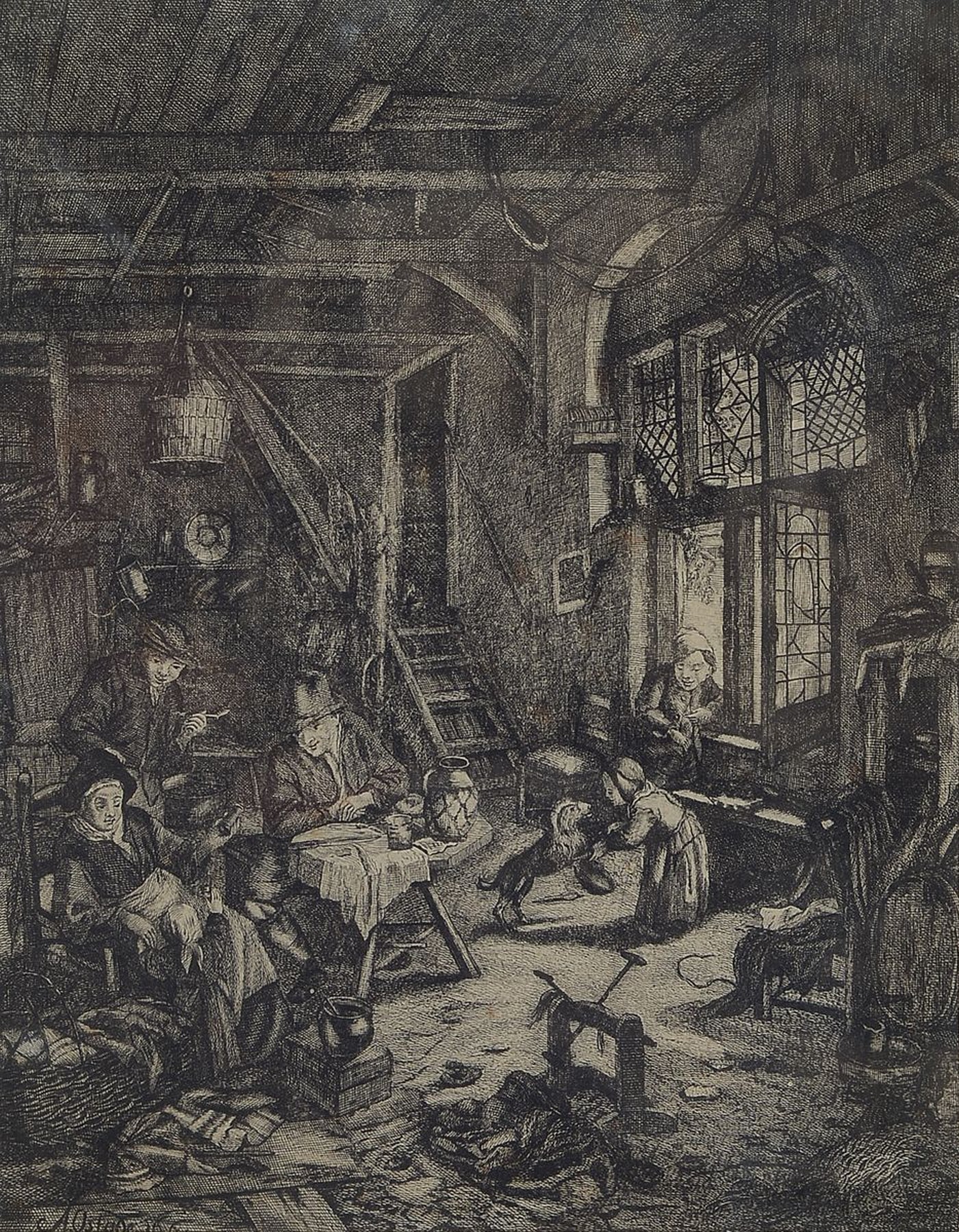 Adriaen van Ostade, 1610 Haarlem - 1685 ebenda, Radierung, häusliche Genreszene, Familientreiben in der Diele, im Stock links unten in der Platte ...