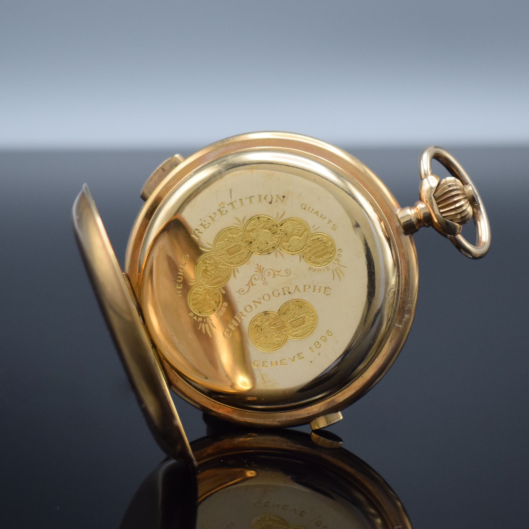 Detail e: Große Herrensavonette mit 1/4-Stunden- Repetition & Schaltradchronograph in RG 585/000, Schweiz um 1900, glattes 3-Deckel Goldgeh. dell., Cuvette m. ...
