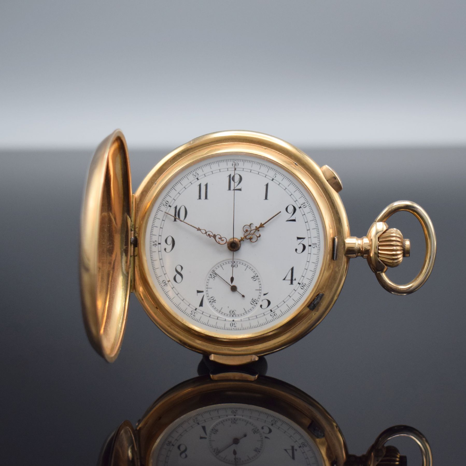 Große Herrensavonette mit 1/4-Std.-Repetition & Schaltradchronograph in RG 585/000, Schweiz um 1900, glattes 3-Deckel Goldgeh. dell., Cuvette m. ...