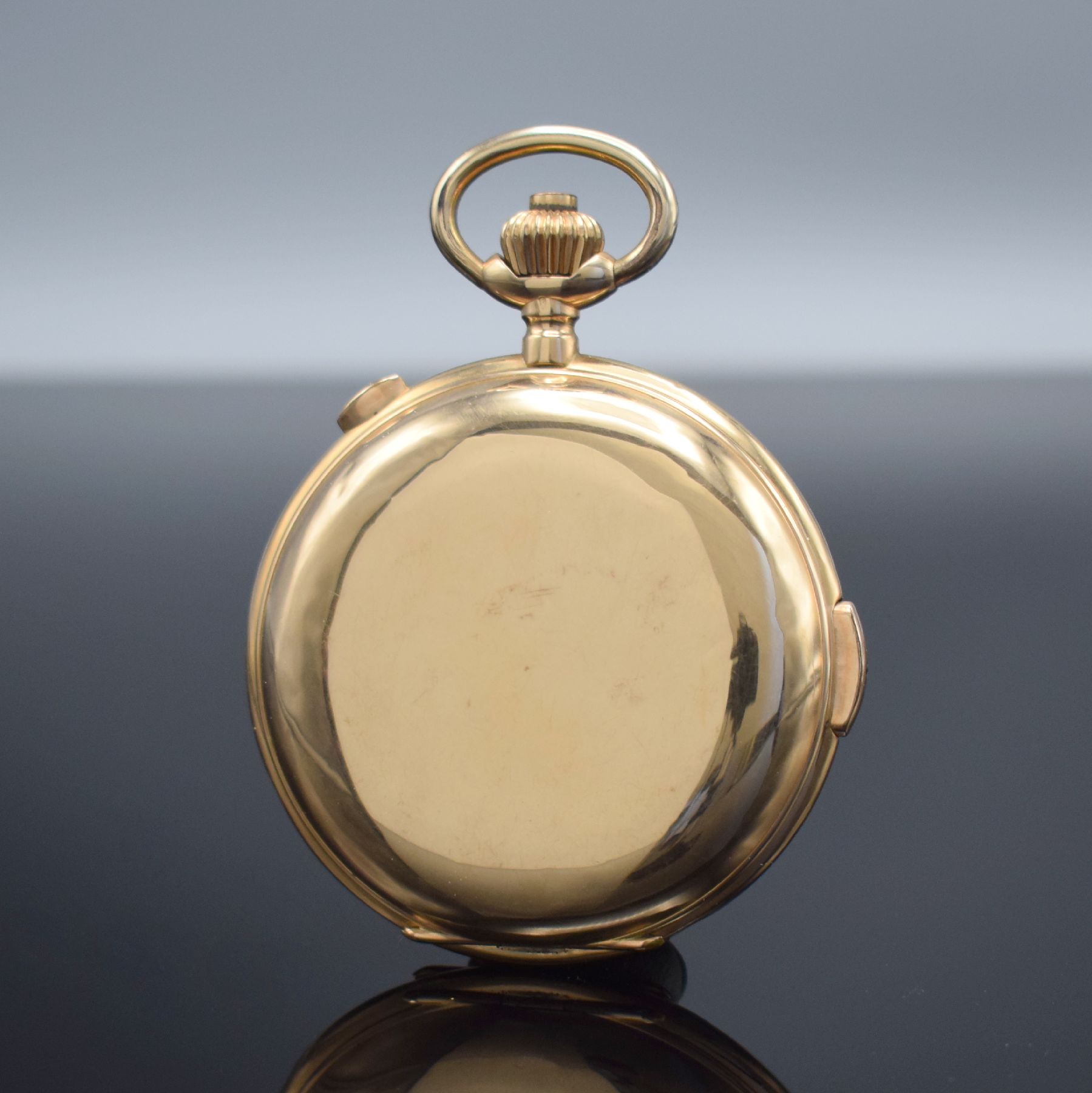 Detail b: Große Herrensavonette mit 1/4-Std.-Repetition & Schaltradchronograph in RG 585/000, Schweiz um 1900, glattes 3-Deckel Goldgeh. dell., Cuvette m. ...