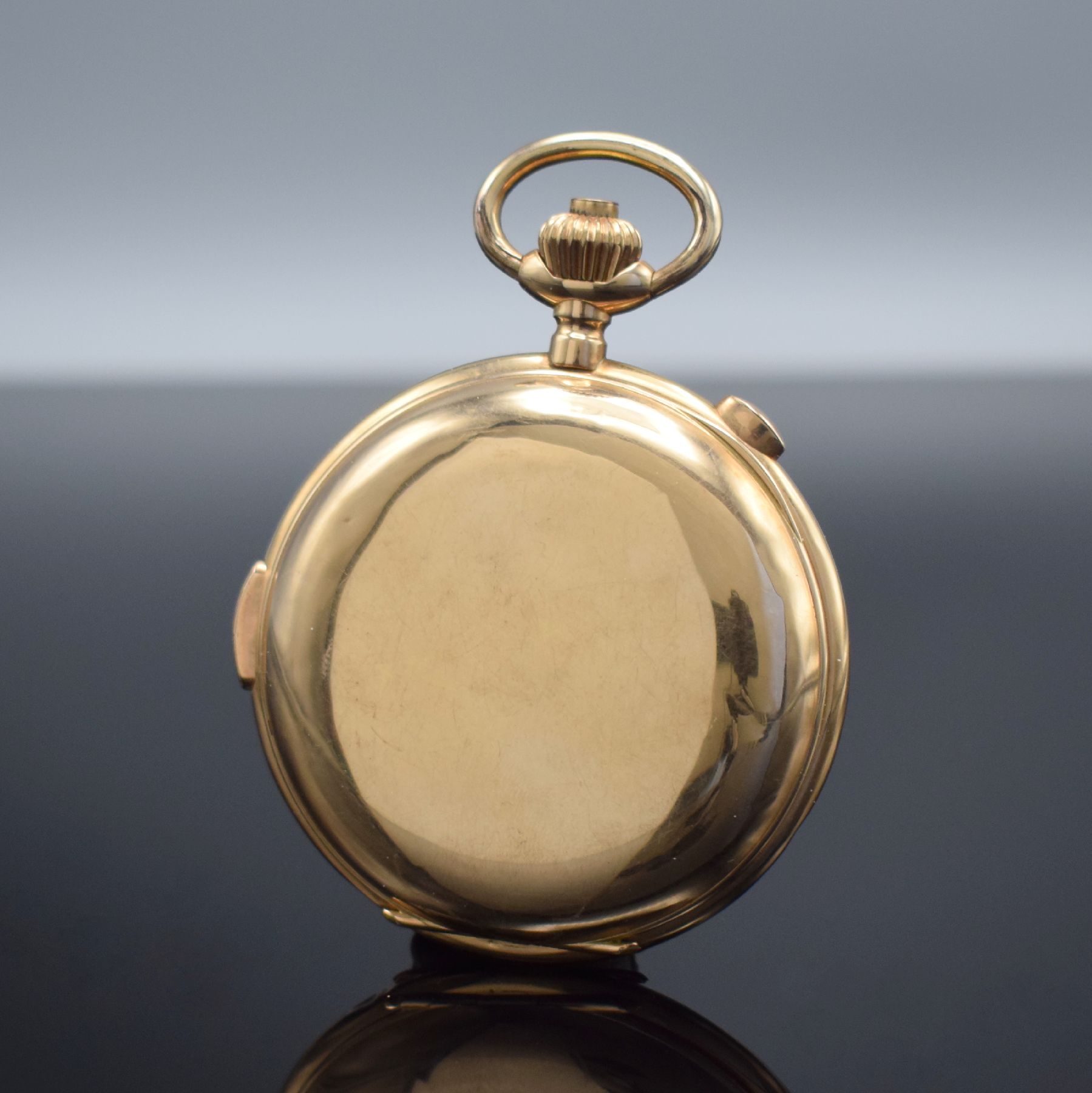 Detail c: Große Herrensavonette mit 1/4-Std.-Repetition & Schaltradchronograph in RG 585/000, Schweiz um 1900, glattes 3-Deckel Goldgeh. dell., Cuvette m. ...