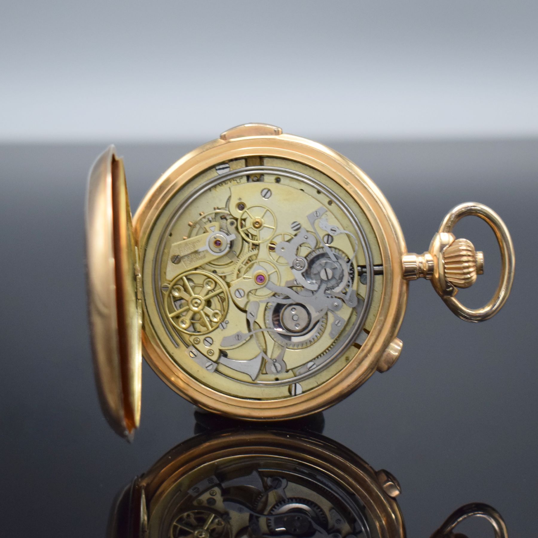 Detail g: Große Herrensavonette mit 1/4-Std.-Repetition & Schaltradchronograph in RG 585/000, Schweiz um 1900, glattes 3-Deckel Goldgeh. dell., Cuvette m. ...