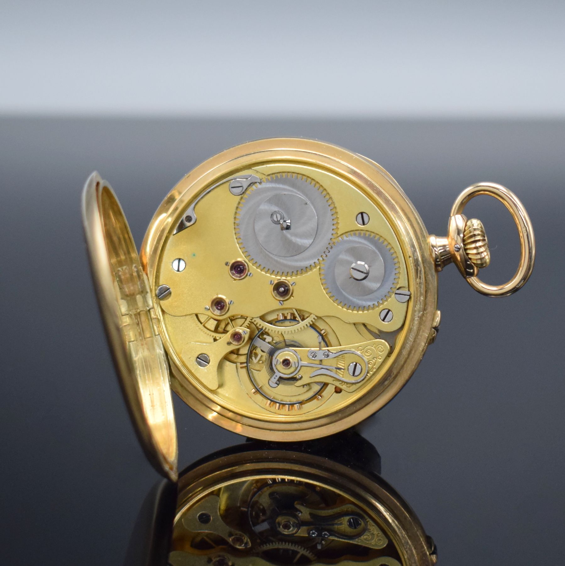 Detail e: FRITZ MAURMANN offene Schultaschenuhr in GG 585/000, Deutschland um 1932, glattes Geh., Goldcuvette, verg. Metallzifferbl. m. aufgel. Breguet-Zahlen, ...