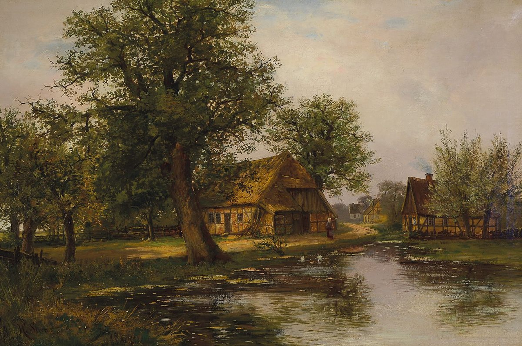 Heinrich Steen, Niederländischer Traditionalist um 1900, großformatige Dorfansicht, Magd als Staffagefigur an Baum bestandenem Teich, Öl/Lwd, ...