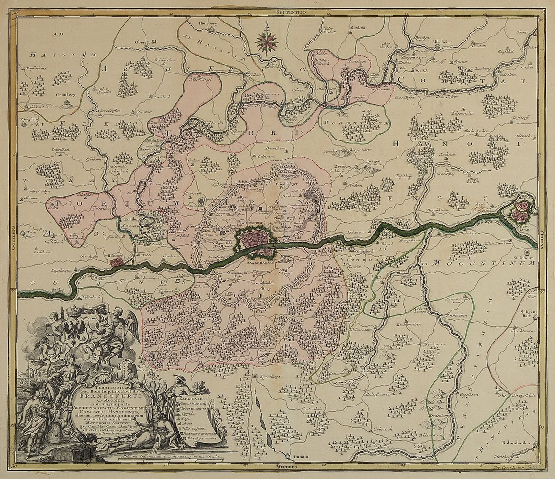 4 Kupferstichkarten Frankfurts und des Oberrheins, 18.Jh., Georg Matthäus Seutter: Francofurti ad Moenum; Handelstatt Franckfurt am Mayn mit ihrem ...