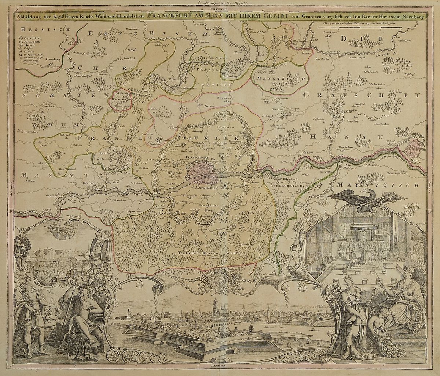 Detail a: 4 Kupferstichkarten Frankfurts und des Oberrheins, 18.Jh., Georg Matthäus Seutter: Francofurti ad Moenum; Handelstatt Franckfurt am Mayn mit ihrem ...