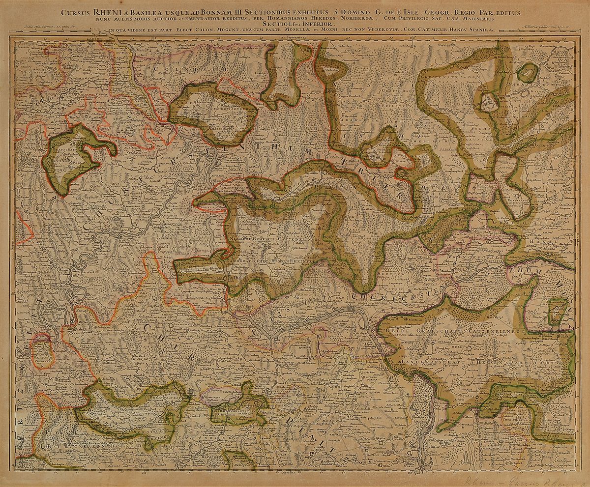 Detail b: 4 Kupferstichkarten Frankfurts und des Oberrheins, 18.Jh., Georg Matthäus Seutter: Francofurti ad Moenum; Handelstatt Franckfurt am Mayn mit ihrem ...