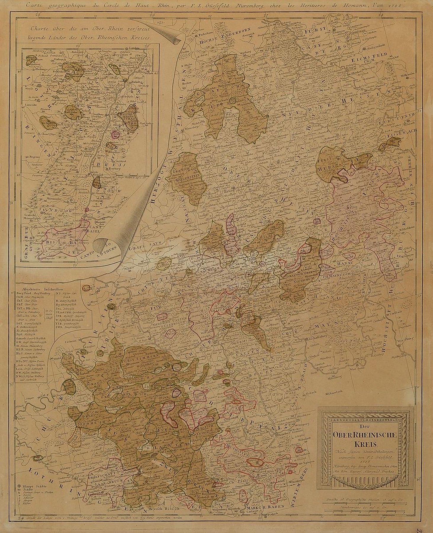 Detail c: 4 Kupferstichkarten Frankfurts und des Oberrheins, 18.Jh., Georg Matthäus Seutter: Francofurti ad Moenum; Handelstatt Franckfurt am Mayn mit ihrem ...