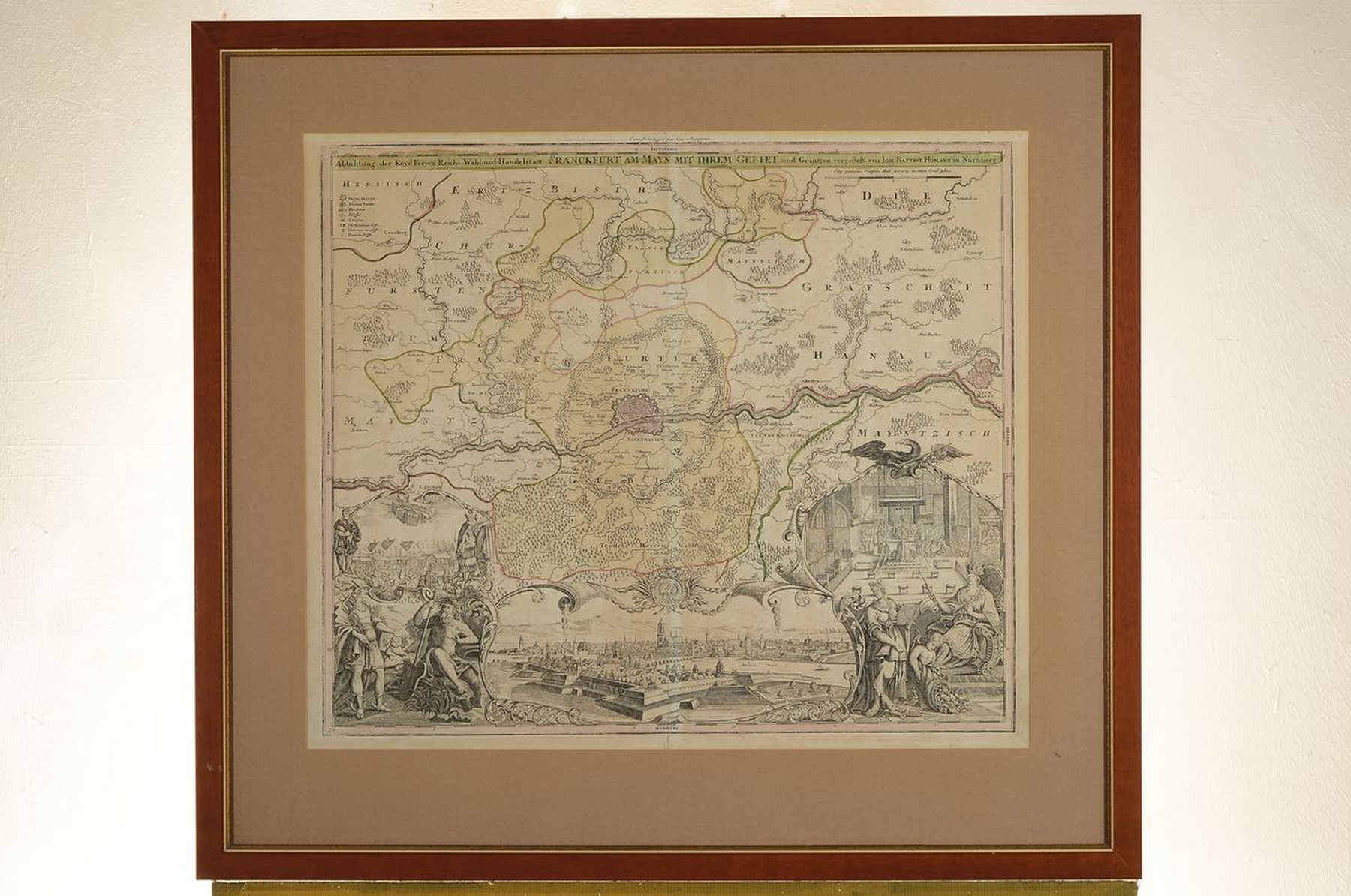 Detail l: 4 Kupferstichkarten Frankfurts und des Oberrheins, 18.Jh., Georg Matthäus Seutter: Francofurti ad Moenum; Handelstatt Franckfurt am Mayn mit ihrem ...
