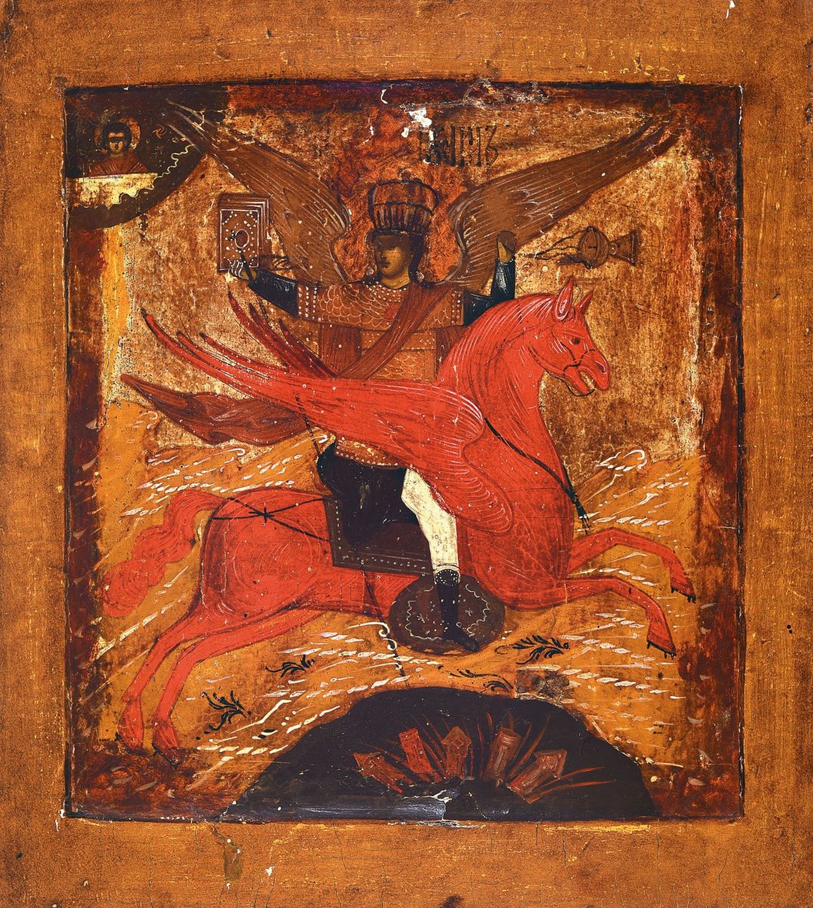 Ikone, Zentralrussland, 2.H.19.Jh., Eitempera/Holz, die feurige Himmelfahrt des Elias, vertieftes Mittelfeld, rest., mit ...