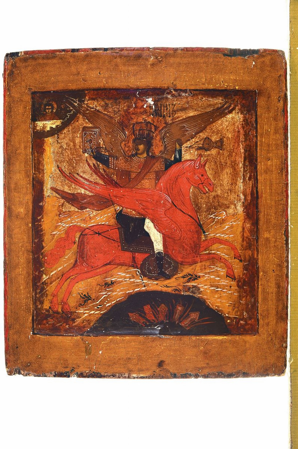 Detail k: Ikone, Zentralrussland, 2.H.19.Jh., Eitempera/Holz, die feurige Himmelfahrt des Elias, vertieftes Mittelfeld, rest., mit ...
