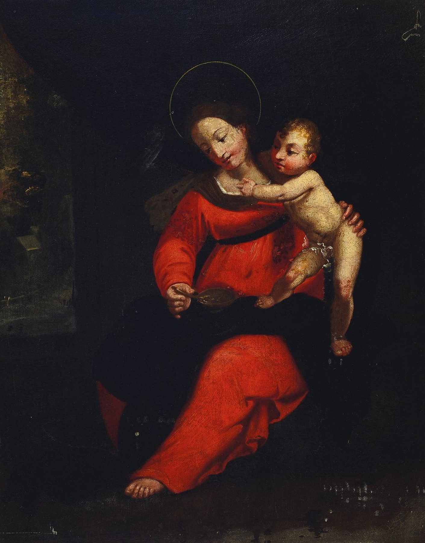Unbekannter Künstler, 18. Jh., Mutter Gottes mit Kind, bewegte Darst., Öl/Lwd, rest., auf Holzplatte doubliert, schmaler Rahmen, ca. 80x65 cm