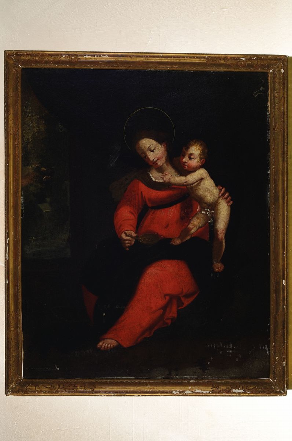Detail k: Unbekannter Künstler, 18. Jh., Mutter Gottes mit Kind, bewegte Darst., Öl/Lwd, rest., auf Holzplatte doubliert, schmaler Rahmen, ca. 80x65 cm