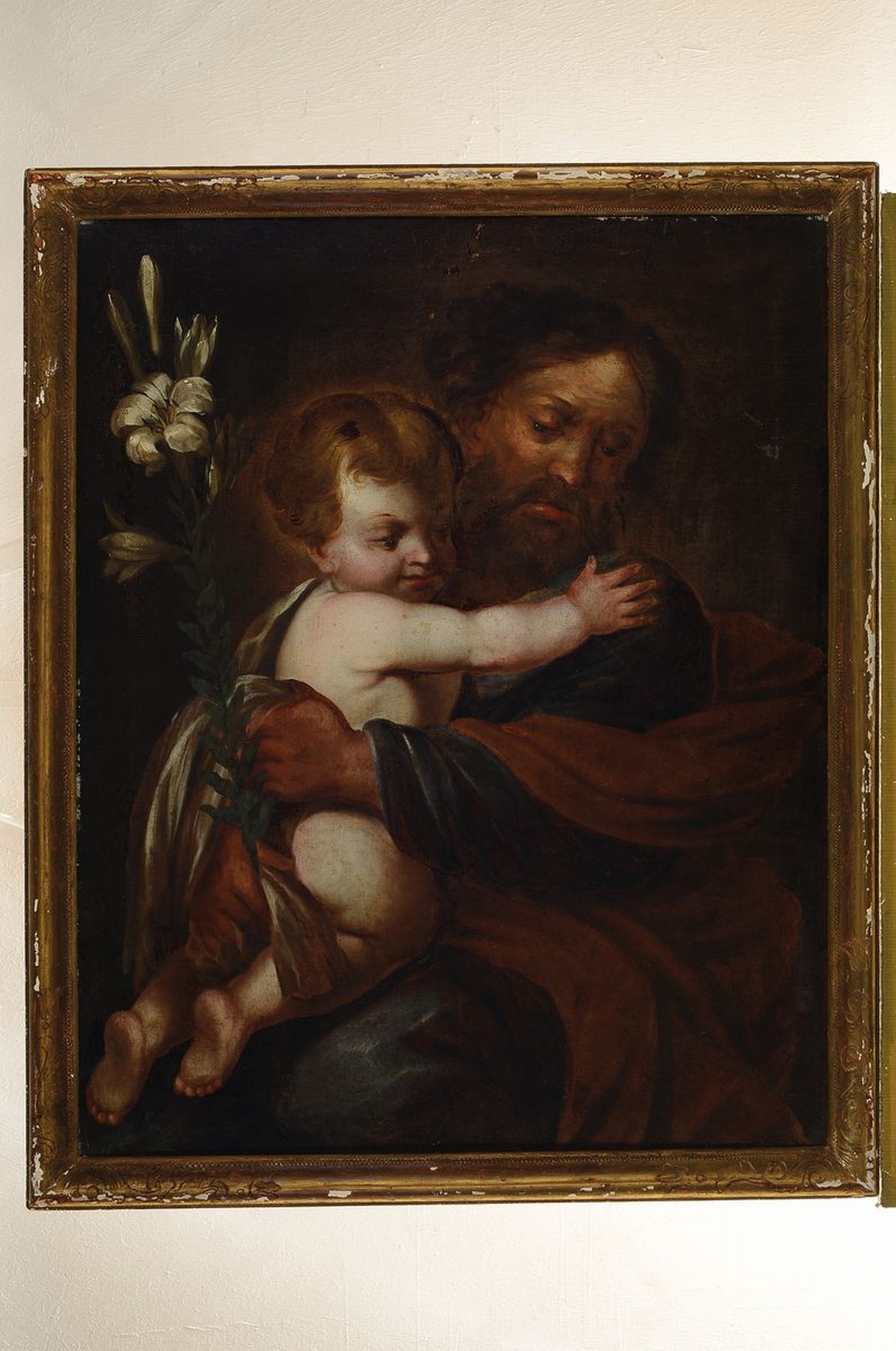 Detail k: Unbekannter Künstler, 18.Jh., Joseph mit Jesuskind, zwingende Attribution mit weißer Lilie als mögliche Umbildung des blühenden Stabes, ...