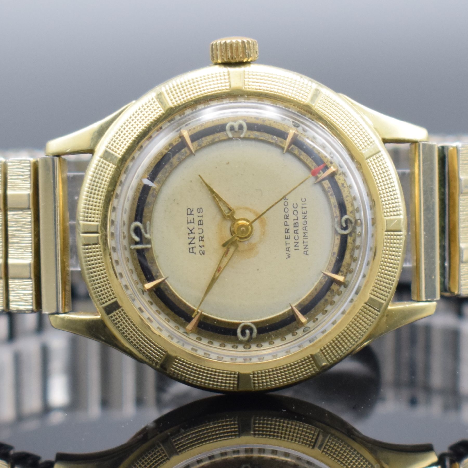 Detail a: ANKER Armbanduhr in GG 585/000, Handaufzug, Deutschland um 1960, Boden verschr., Zifferbl. altersbed. fl./pat. "Tropical", Anz. v. ...