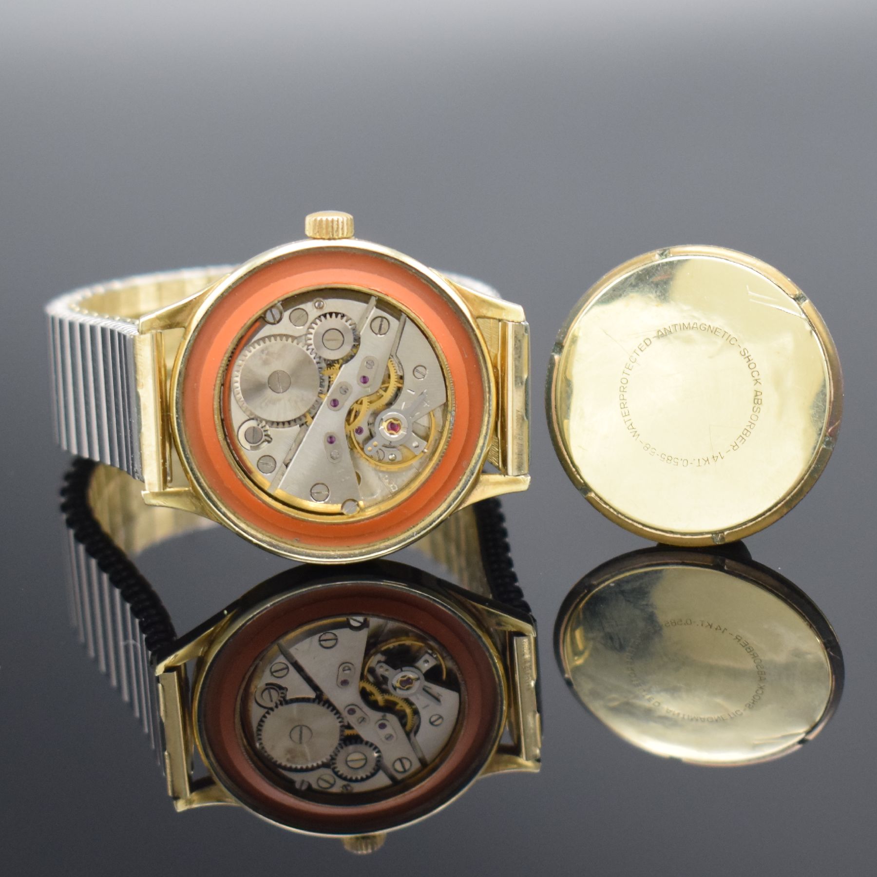 Detail f: ANKER Armbanduhr in GG 585/000, Handaufzug, Deutschland um 1960, Boden verschr., Zifferbl. altersbed. fl./pat. "Tropical", Anz. v. ...