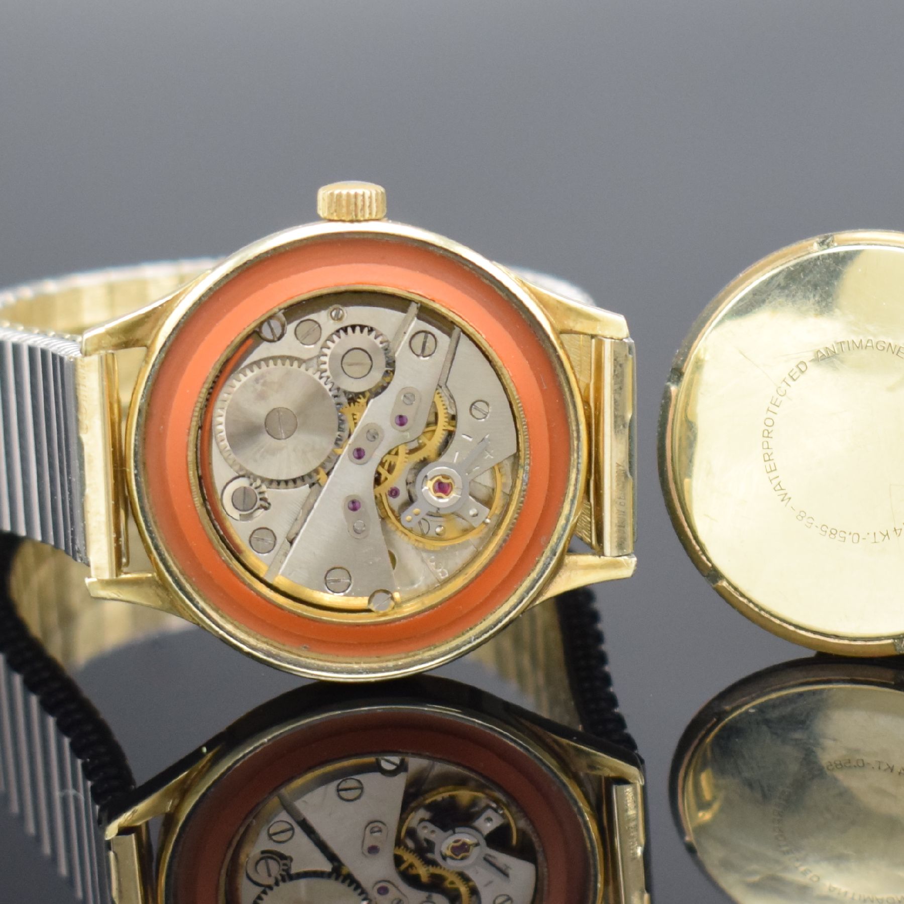 Detail g: ANKER Armbanduhr in GG 585/000, Handaufzug, Deutschland um 1960, Boden verschr., Zifferbl. altersbed. fl./pat. "Tropical", Anz. v. ...
