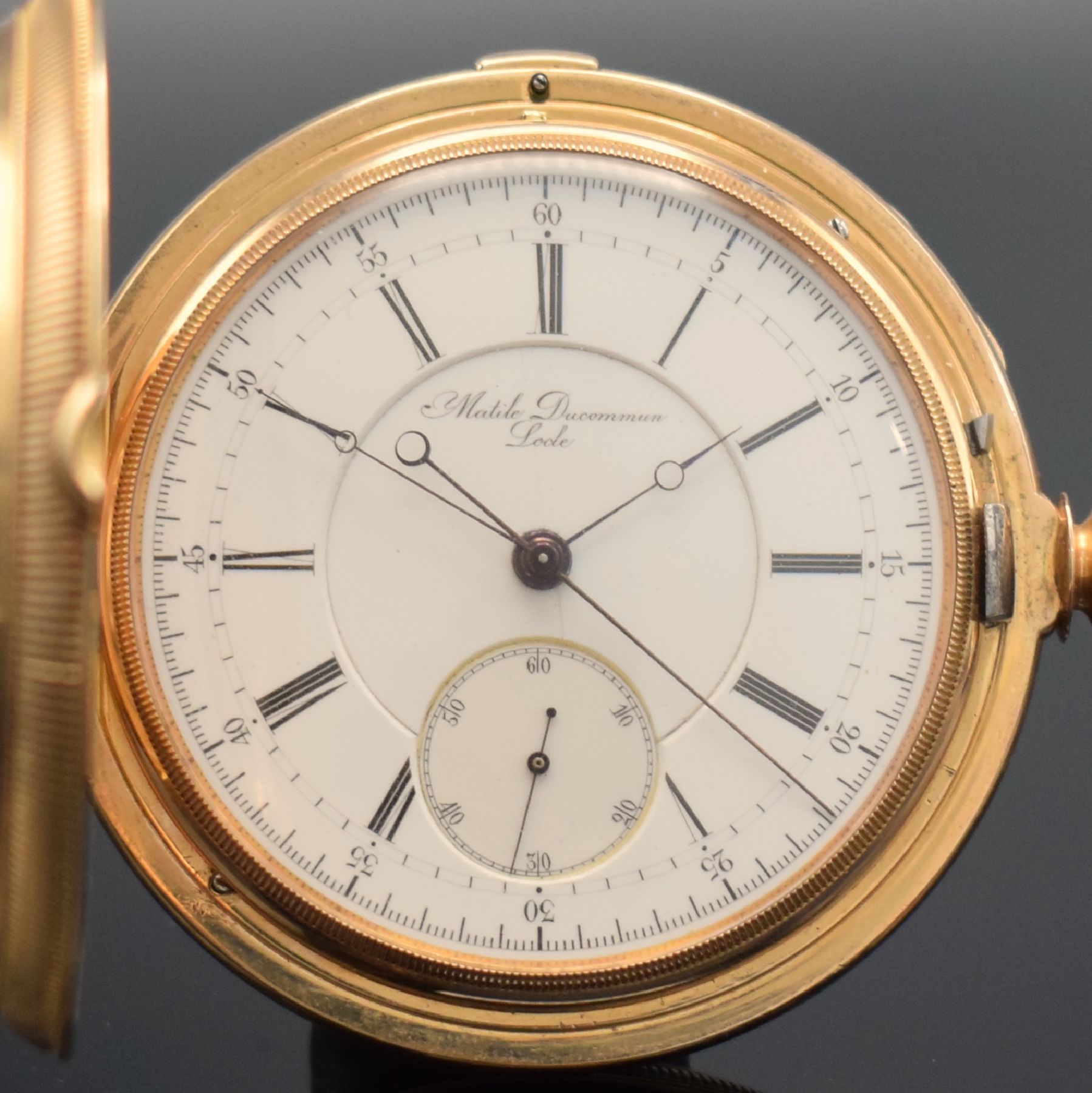 Detail a: MATILE DUCOMMUN schwere und hochwertige Savonette Herrentaschenuhr mit Chronograph in RG 750/000 Nr. 10600, Schweiz/USA um 1870, massives, guill. ...