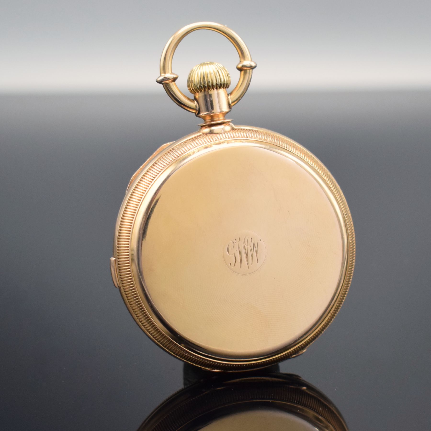 Detail c: MATILE DUCOMMUN schwere und hochwertige Savonette Herrentaschenuhr mit Chronograph in RG 750/000 Nr. 10600, Schweiz/USA um 1870, massives, guill. ...