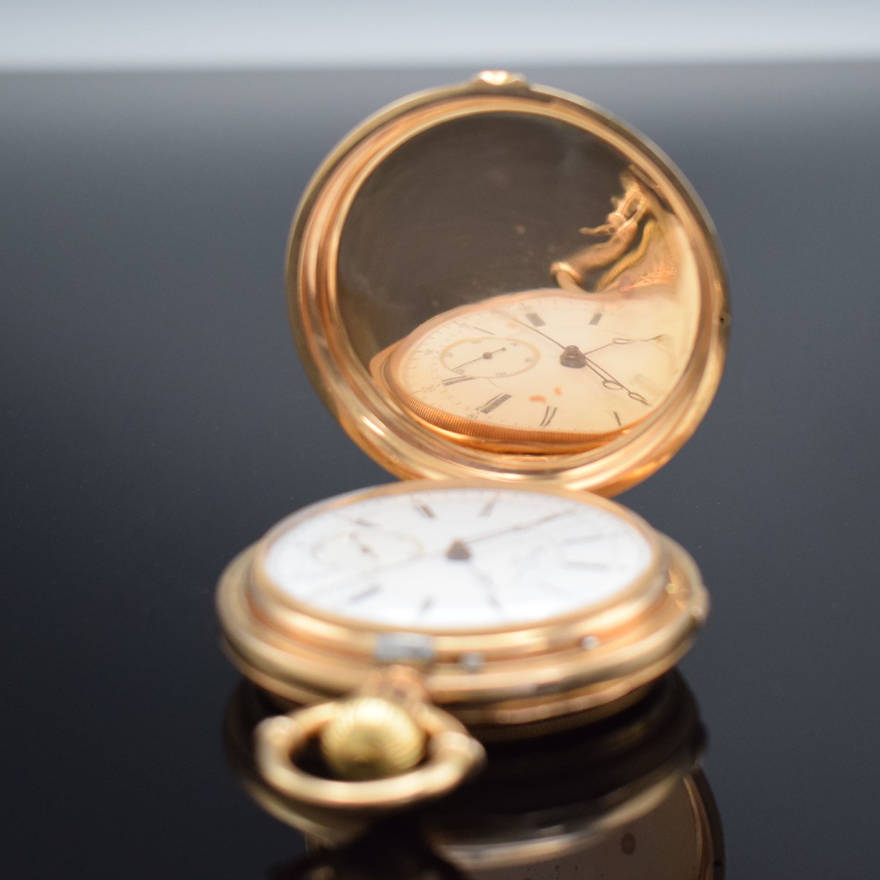Detail e: MATILE DUCOMMUN schwere und hochwertige Savonette Herrentaschenuhr mit Chronograph in RG 750/000 Nr. 10600, Schweiz/USA um 1870, massives, guill. ...