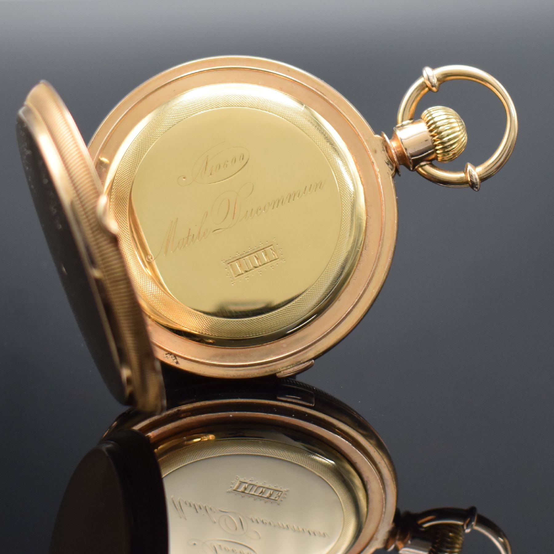 Detail g: MATILE DUCOMMUN schwere und hochwertige Savonette Herrentaschenuhr mit Chronograph in RG 750/000 Nr. 10600, Schweiz/USA um 1870, massives, guill. ...