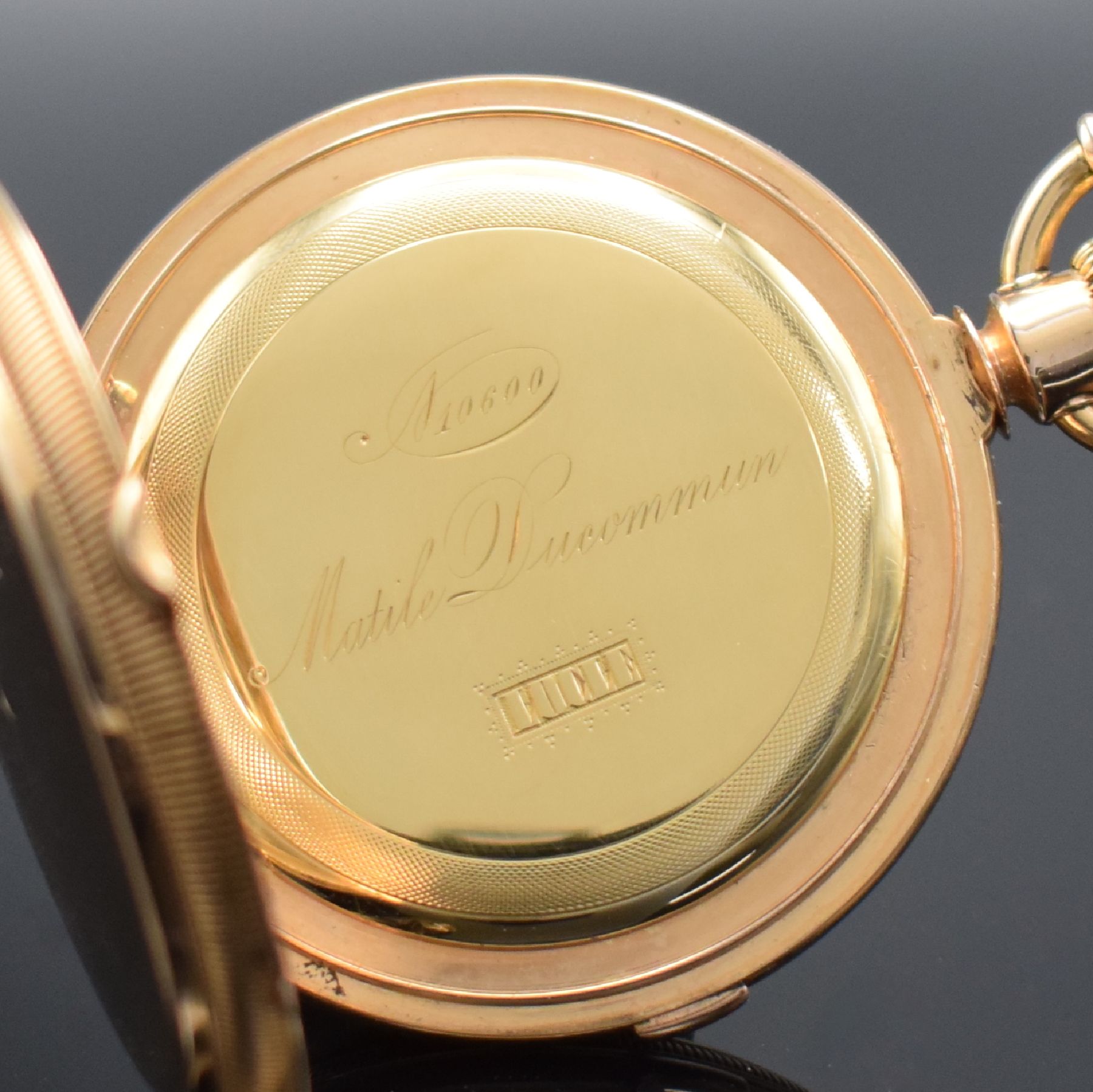 Detail h: MATILE DUCOMMUN schwere und hochwertige Savonette Herrentaschenuhr mit Chronograph in RG 750/000 Nr. 10600, Schweiz/USA um 1870, massives, guill. ...