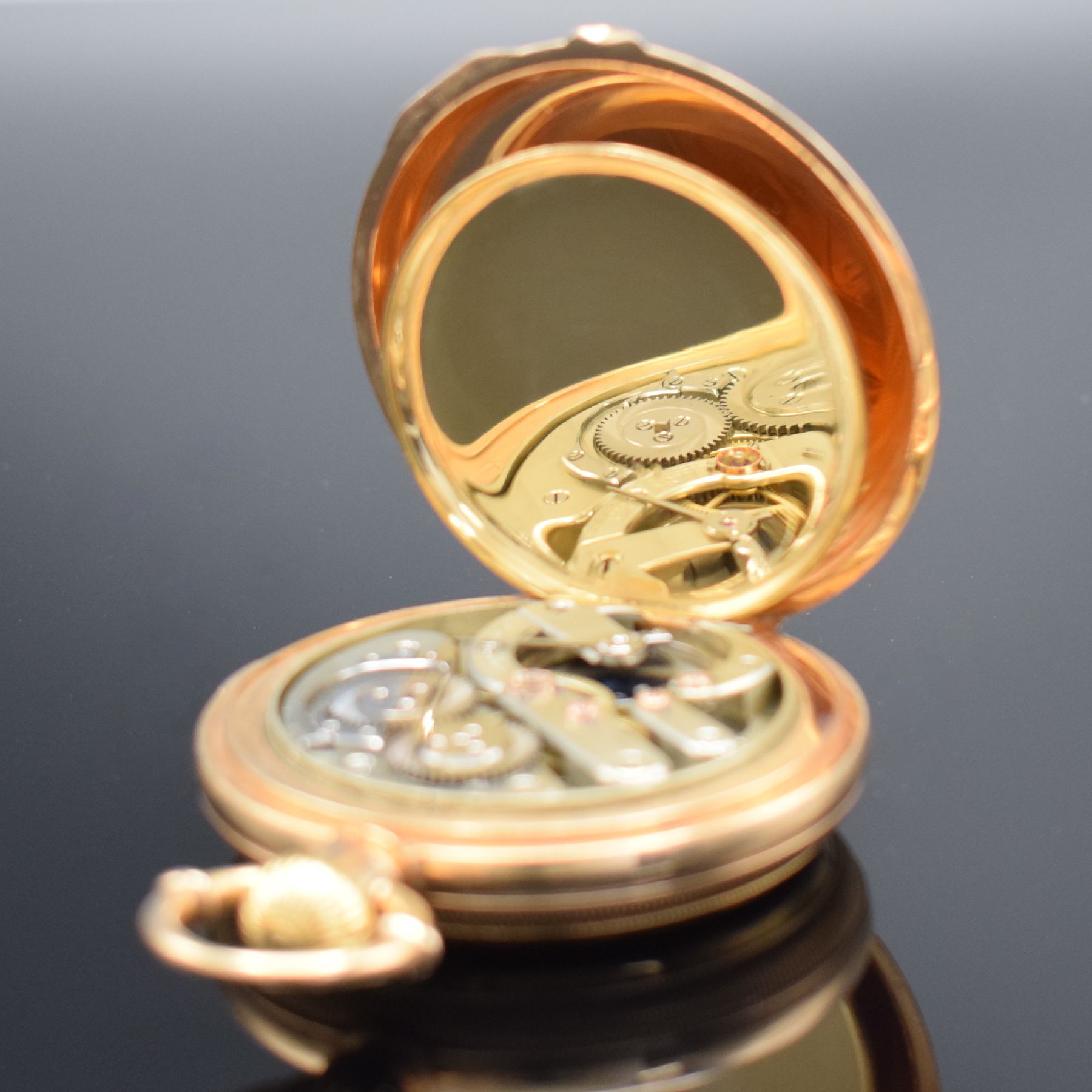 Detail i: MATILE DUCOMMUN schwere und hochwertige Savonette Herrentaschenuhr mit Chronograph in RG 750/000 Nr. 10600, Schweiz/USA um 1870, massives, guill. ...