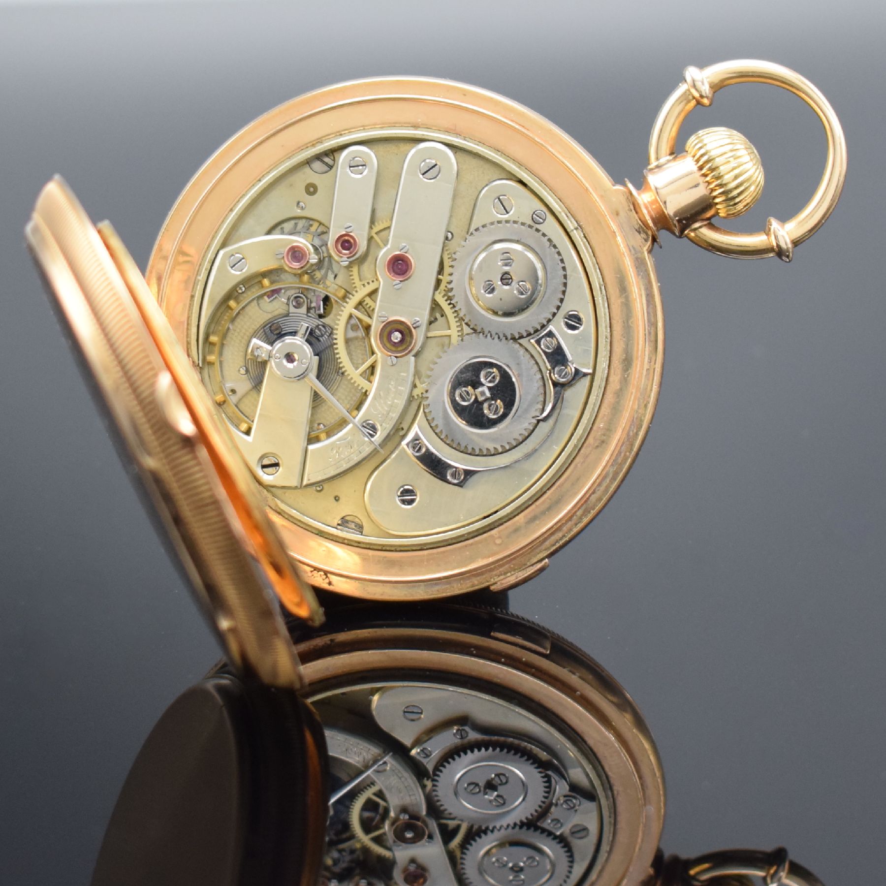 Detail j: MATILE DUCOMMUN schwere und hochwertige Savonette Herrentaschenuhr mit Chronograph in RG 750/000 Nr. 10600, Schweiz/USA um 1870, massives, guill. ...