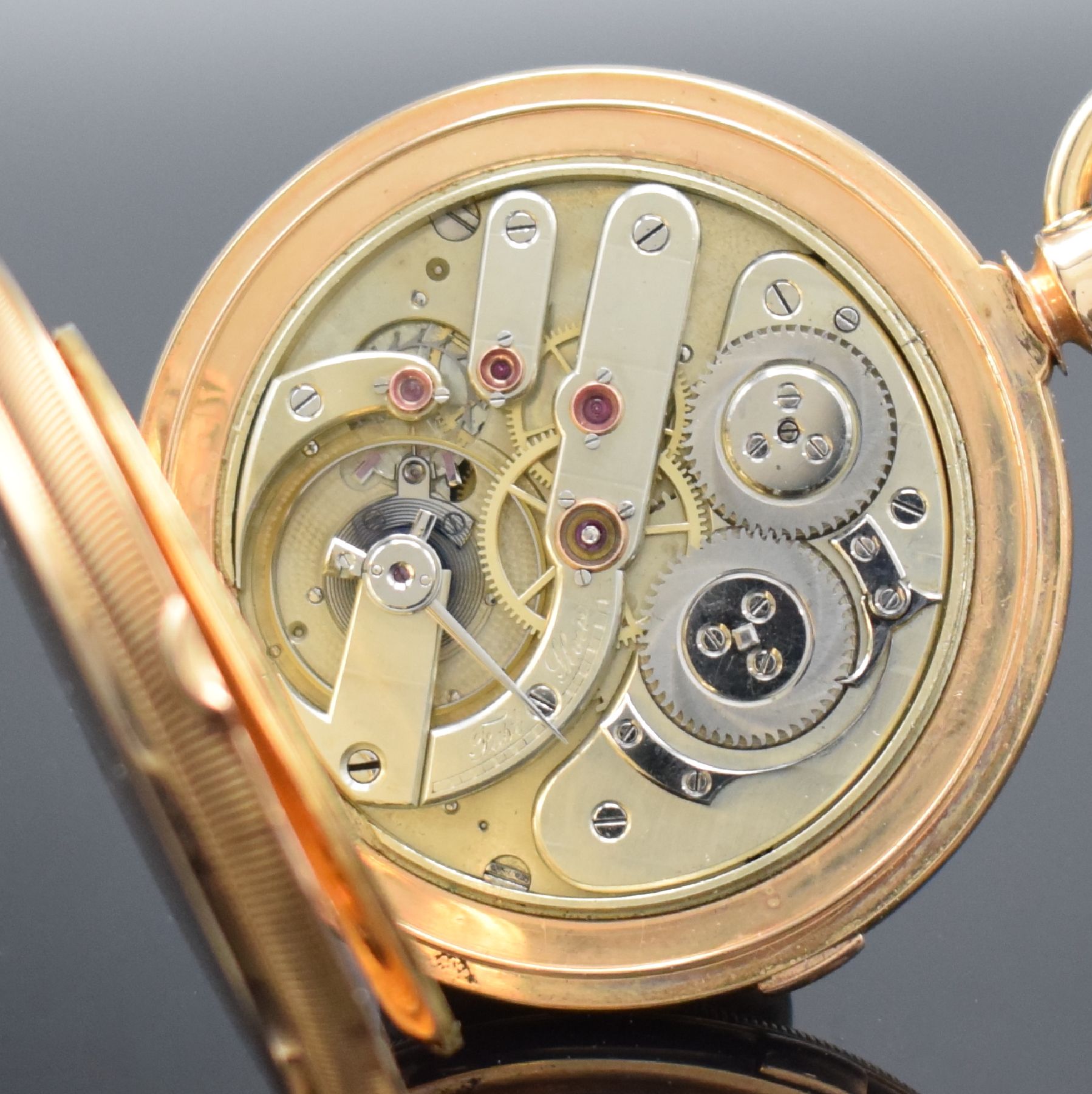 Detail k: MATILE DUCOMMUN schwere und hochwertige Savonette Herrentaschenuhr mit Chronograph in RG 750/000 Nr. 10600, Schweiz/USA um 1870, massives, guill. ...