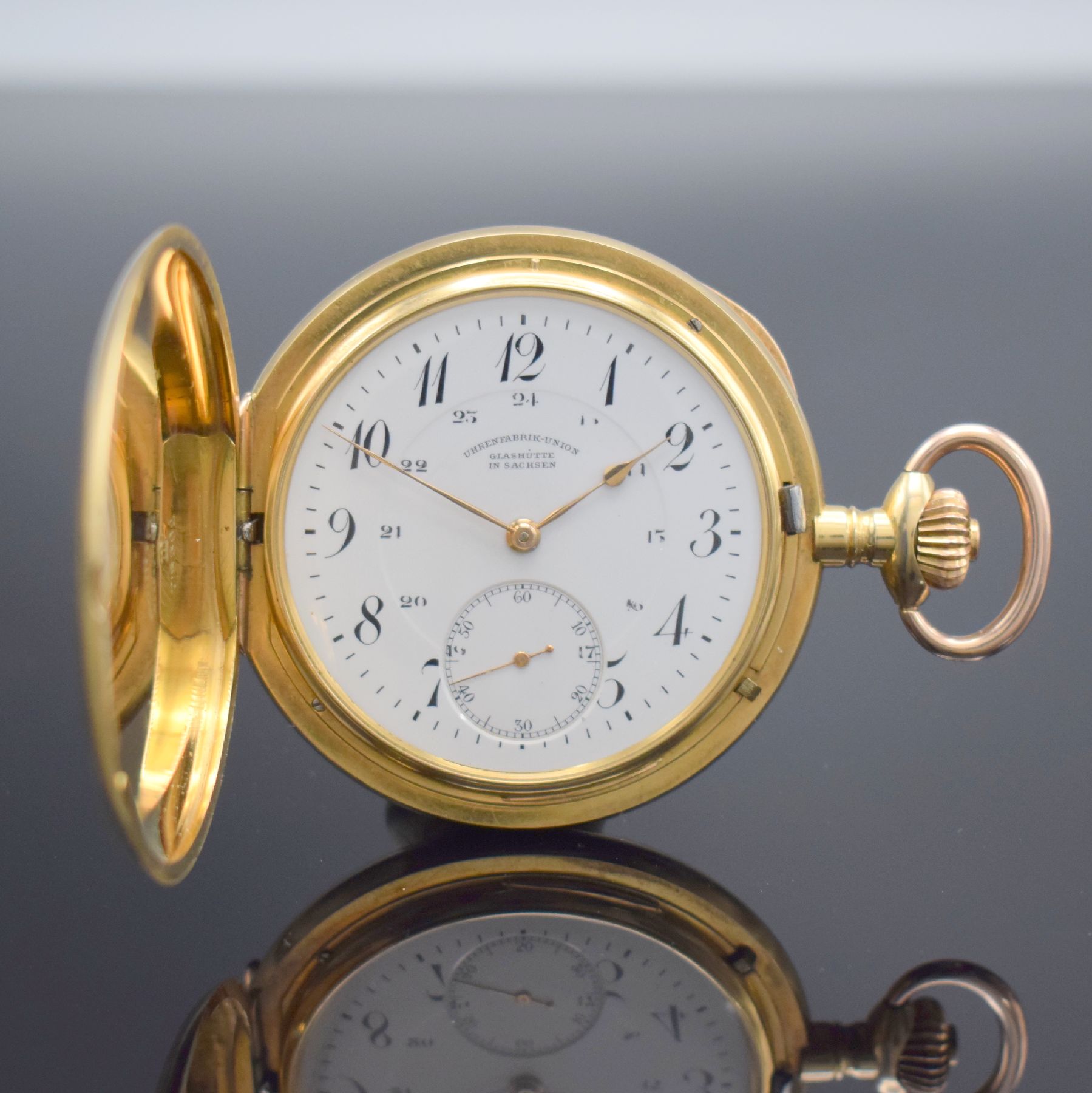 UHRENFABRIK UNION Glashütte Herrensavonette in GG 585/000, Deutschland um 1920, glattes Lucia 3-Deckel Goldgeh., 2-tlg. Emailzifferbl. m. ...