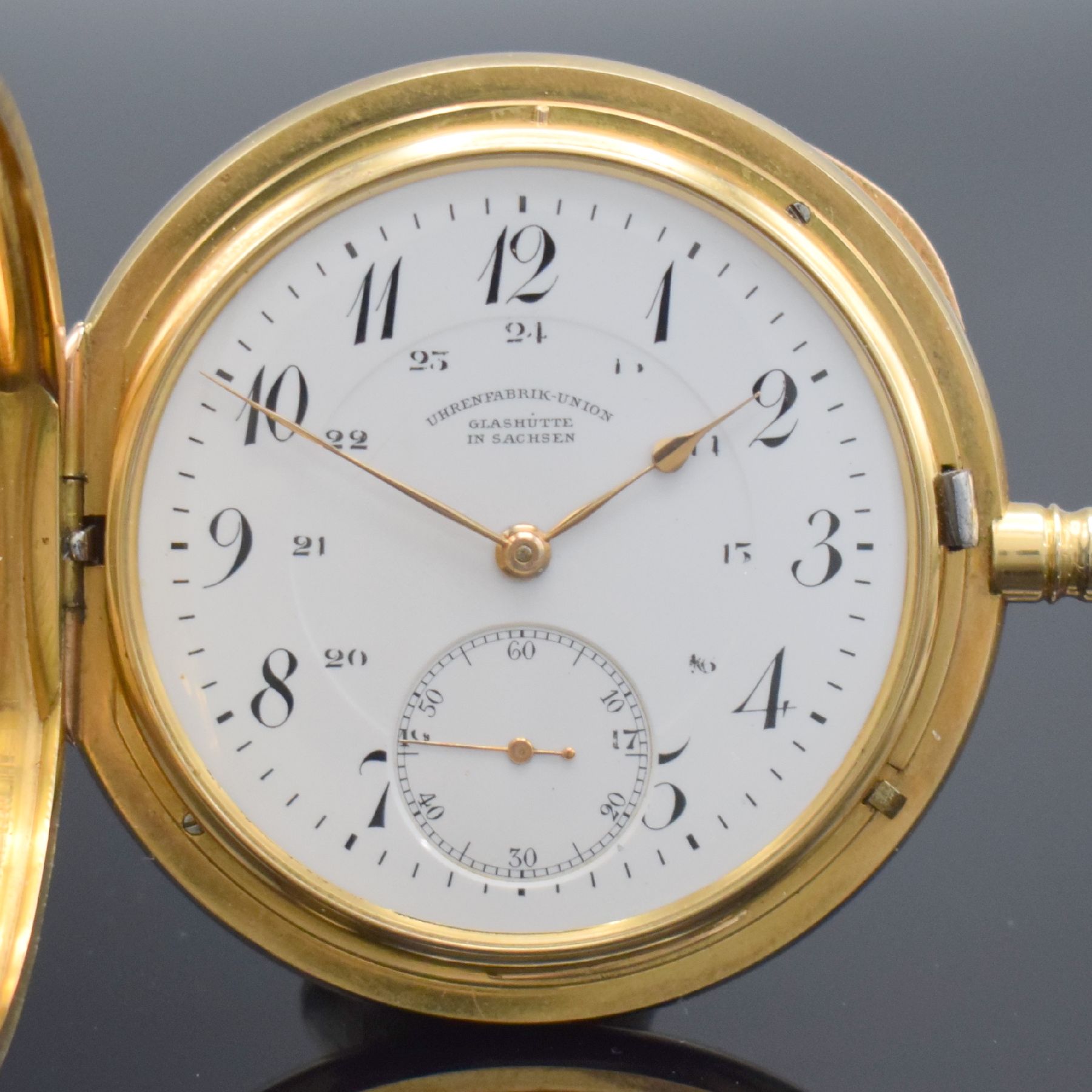 Detail a: UHRENFABRIK UNION Glashütte Herrensavonette in GG 585/000, Deutschland um 1920, glattes Lucia 3-Deckel Goldgeh., 2-tlg. Emailzifferbl. m. ...