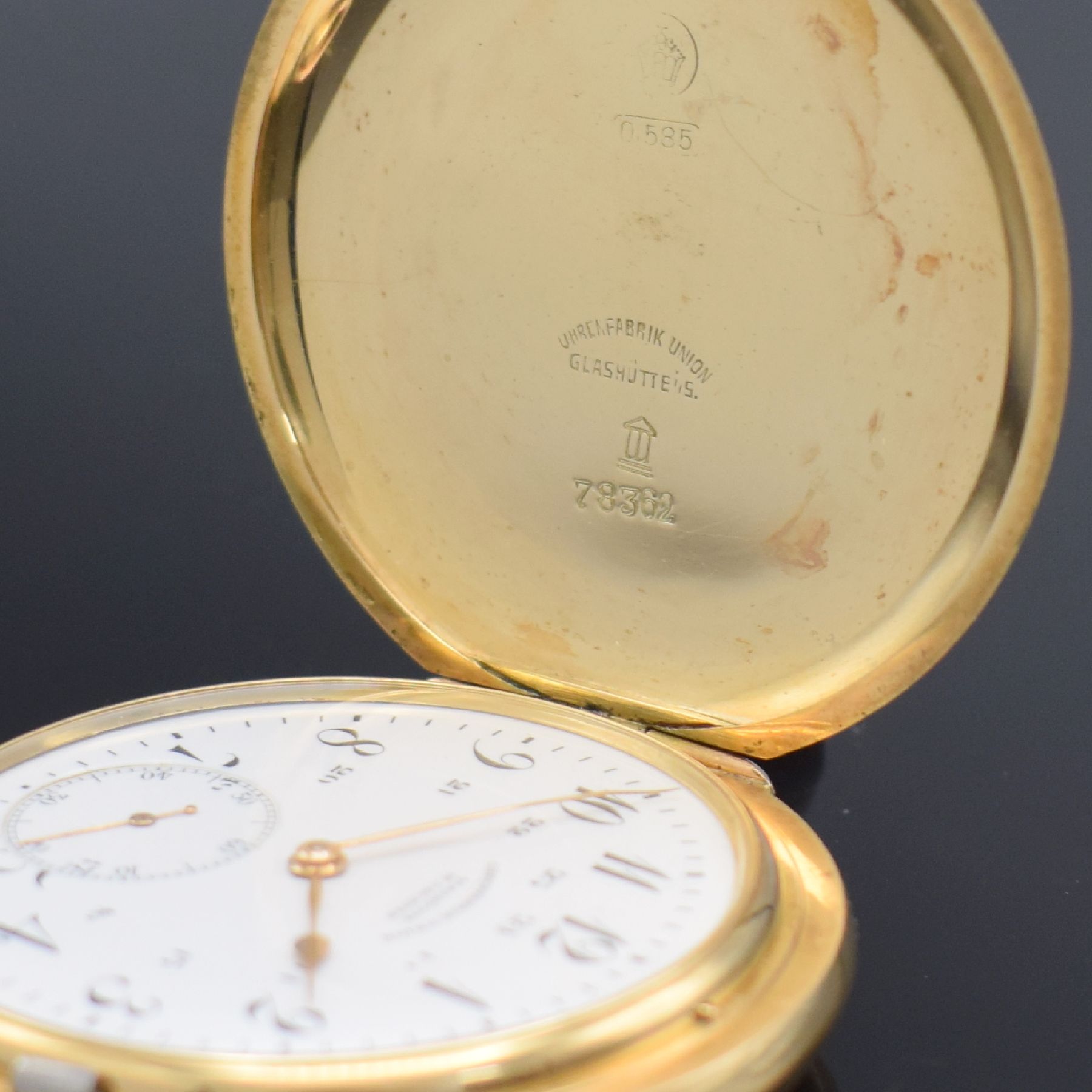 Detail c: UHRENFABRIK UNION Glashütte Herrensavonette in GG 585/000, Deutschland um 1920, glattes Lucia 3-Deckel Goldgeh., 2-tlg. Emailzifferbl. m. ...