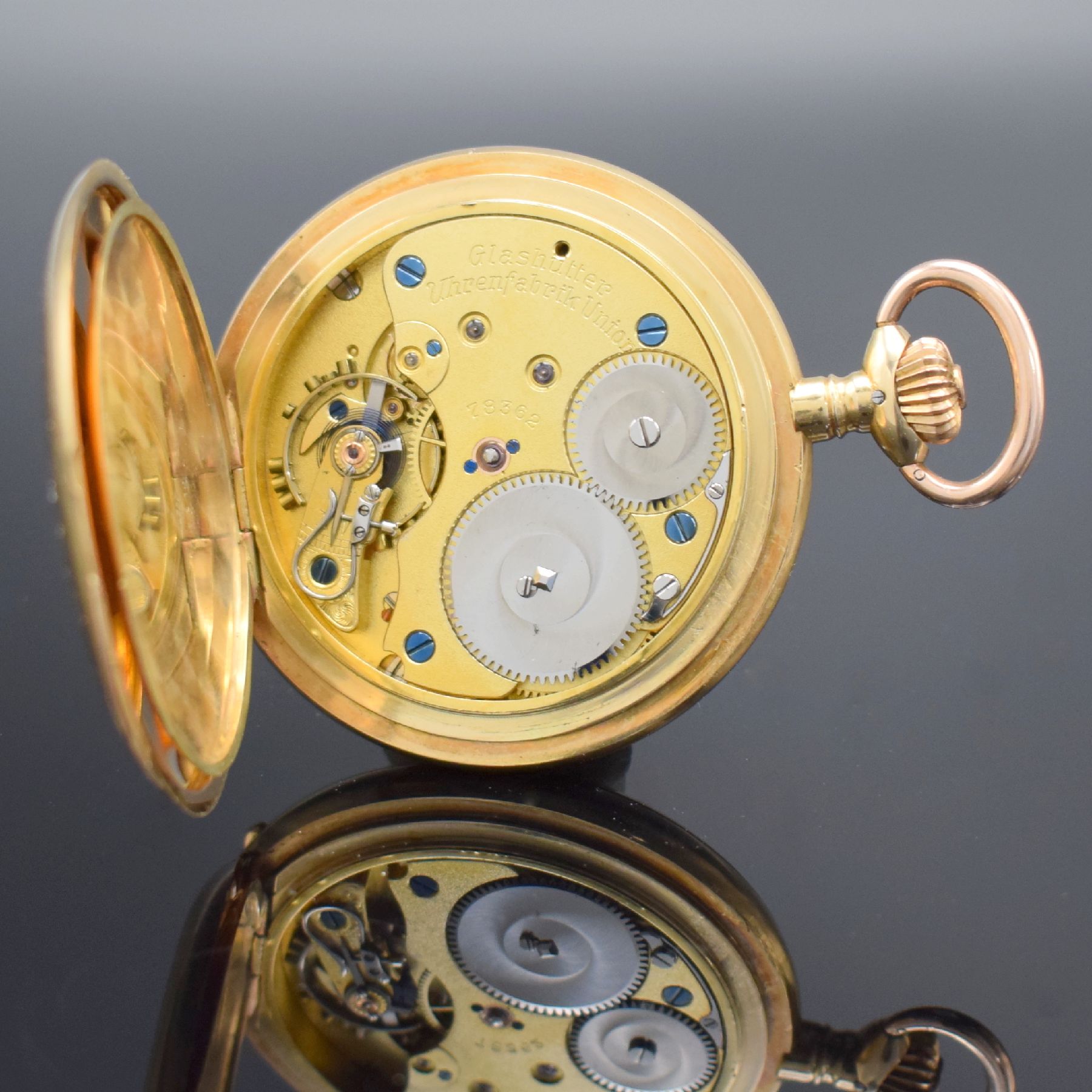 Detail j: UHRENFABRIK UNION Glashütte Herrensavonette in GG 585/000, Deutschland um 1920, glattes Lucia 3-Deckel Goldgeh., 2-tlg. Emailzifferbl. m. ...