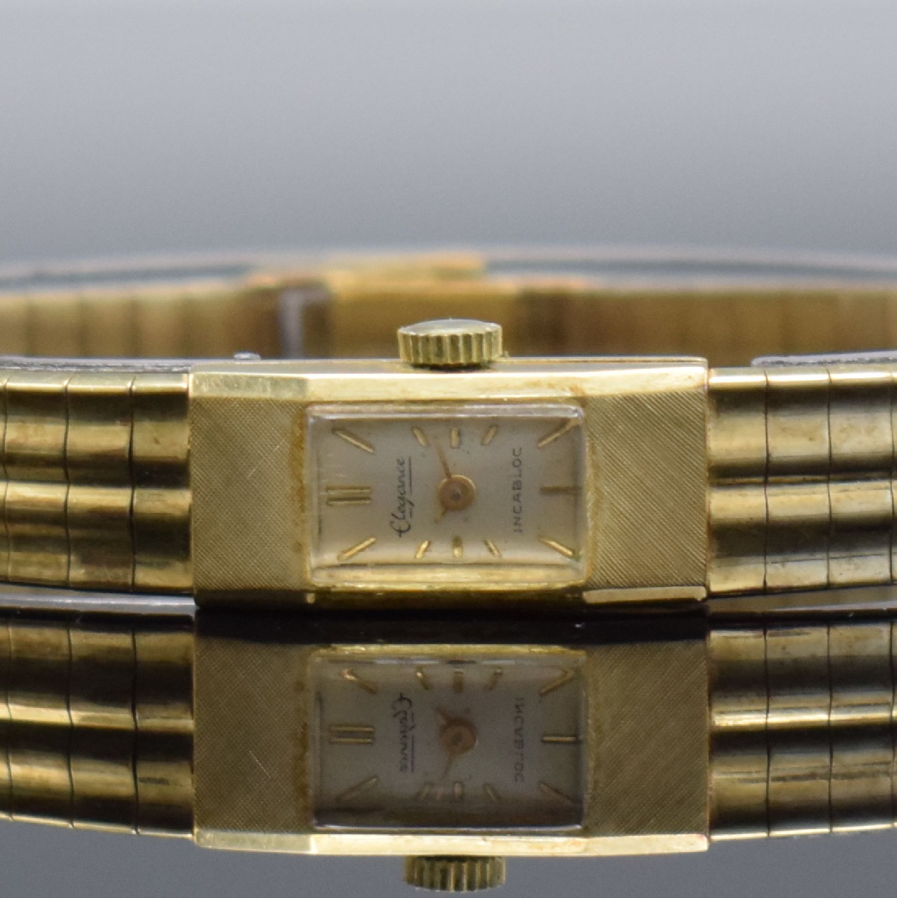 Detail a: ELEGANCE Damenarmbanduhr in GG 585/000 mit Goldband in 585/000, Schweiz um 1960, Handaufzug, 2-teil. Geh., Boden aufgedr., Goldband m. Klappschl., ...