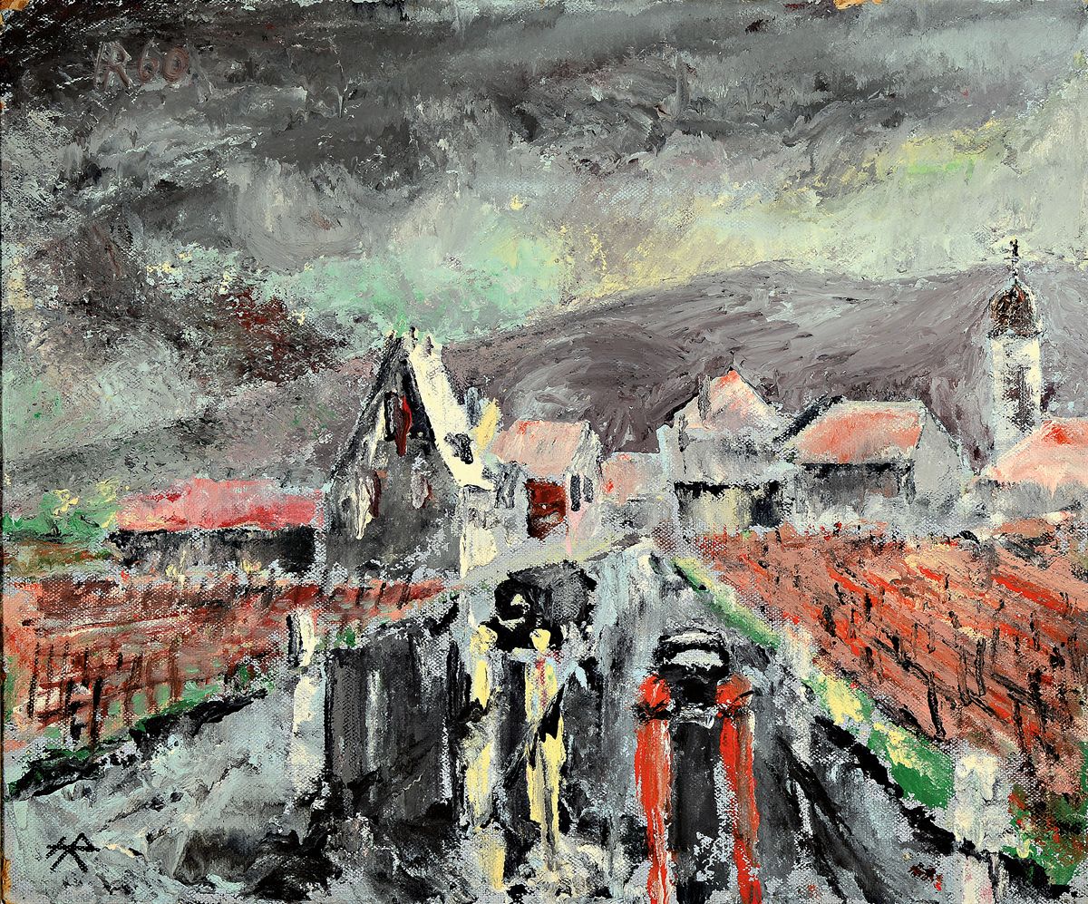 Heinz Reiss, 1923-2012 Haßloch, Gewitterabend in der Pfalz, Öl/Hartfaser, monogr., ca. 50x60cm, R. ca.52x62cm